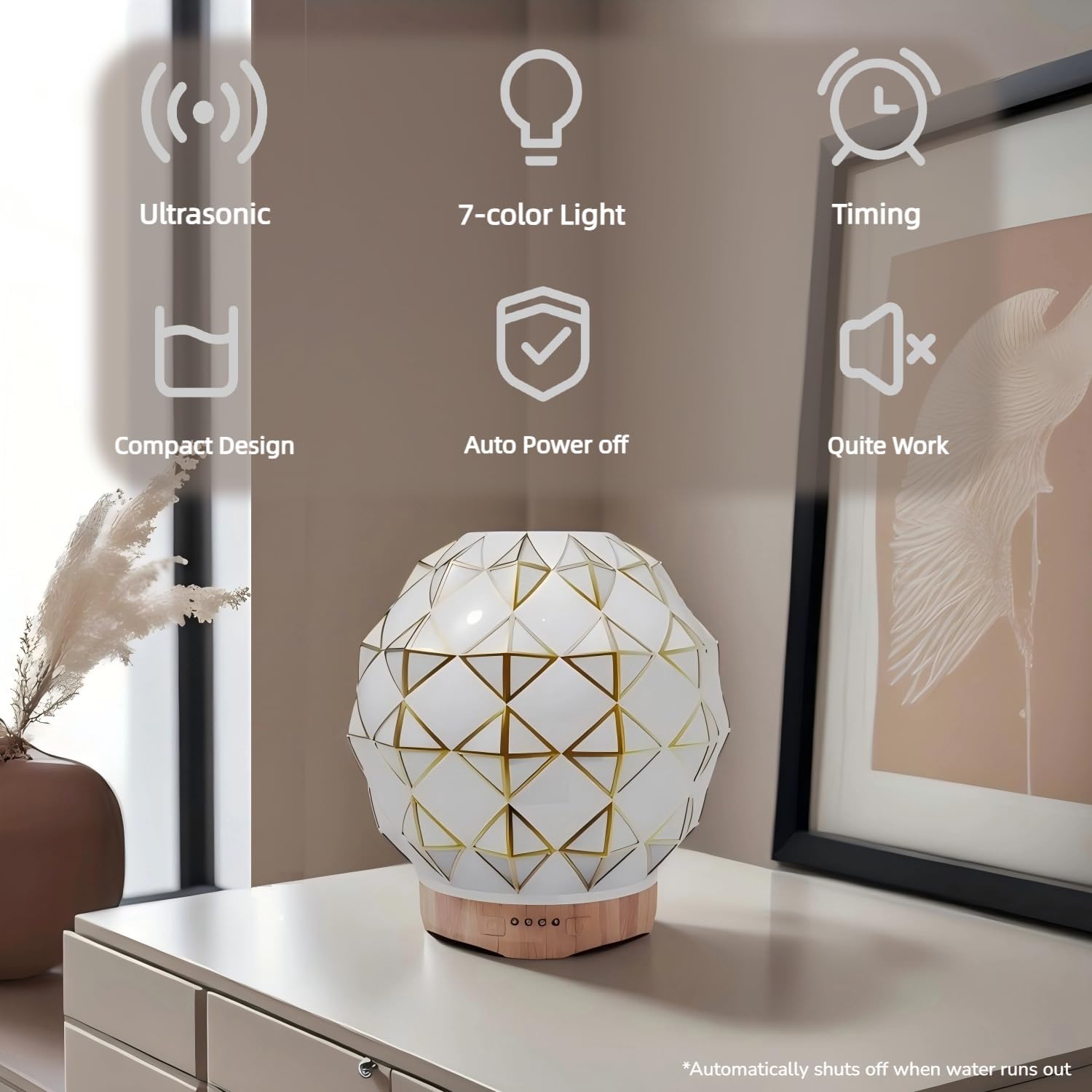 Essential Oil Diffuser, 100ML Handcrafted Glass Aromatherapy Diffuser with 7 Color LED Lights, Remote Control, Cool Mist Humidifier, Timed Mist, Auto Shut-Off (White)