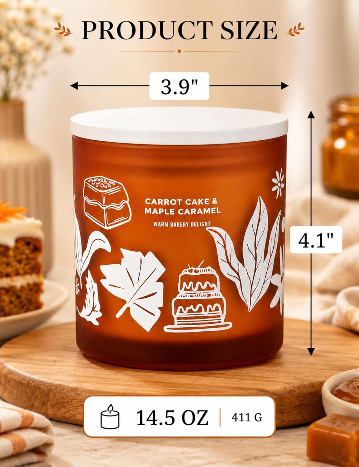 Carrot Cake Maple Caramel Scented Candle | Large 3 Wick Scented Soy Candle for Home | 14.5oz Sweet Carrot Cake Candle | Maple Bakery Candles | Long Lasting Clean Burn | Gift for Women & Men