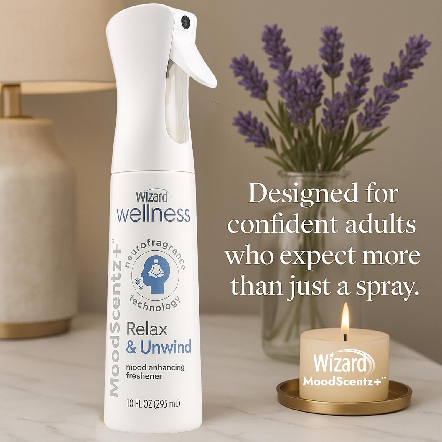 Wizard MoodScentz™ (Relax & Unwind) Patented Science-Backed Mood-Enhancing Room Mist, Non-Aerosol Continuous Fine-Mist Spray with Neuro-Fragrance Technology – 10 Fl Oz
