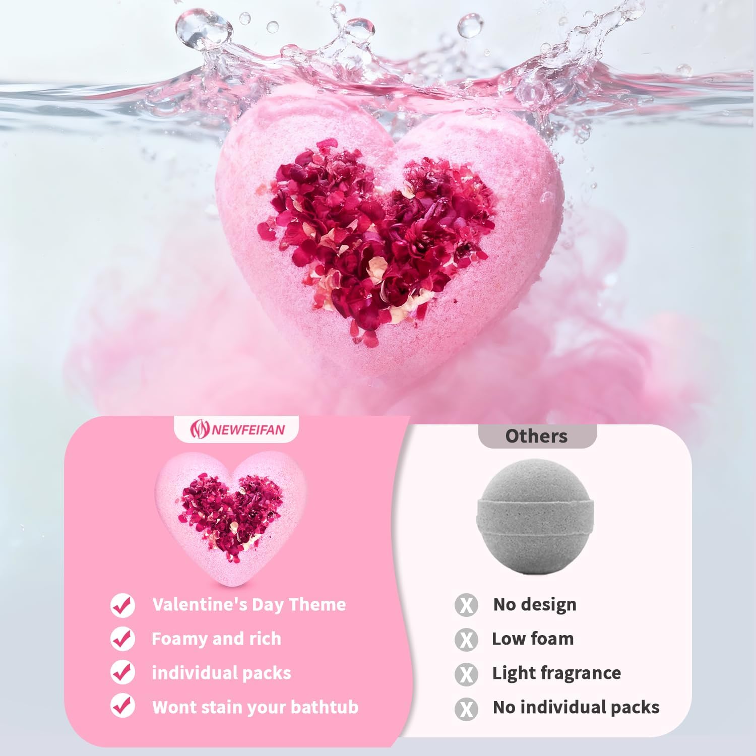 Rose Bath Bombs for Women, XXL Gifts for Mom, Organic Heart Shaped Handmade Rose Essential Oil, Pink Teacher Appreciation Gifts for Wife Daughter Girlfriend Coworkers