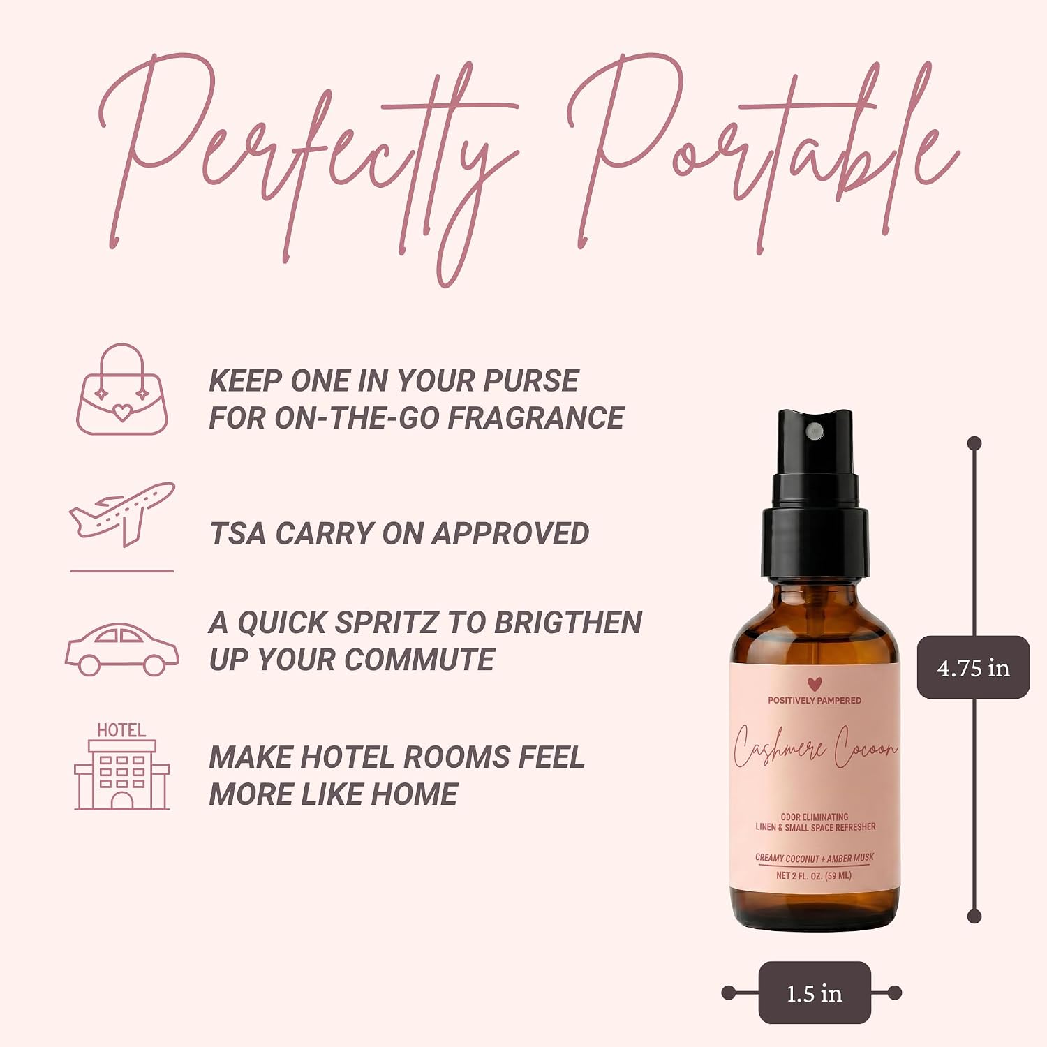 Cashmere Cocoon Luxury Small Space Air & Linen Freshener Spray - Creamy Coconut + Amber Musk - Artisan Blended Home Fragrance - Non Toxic Room Spray + Odor Eliminator - 2 oz Travel Size