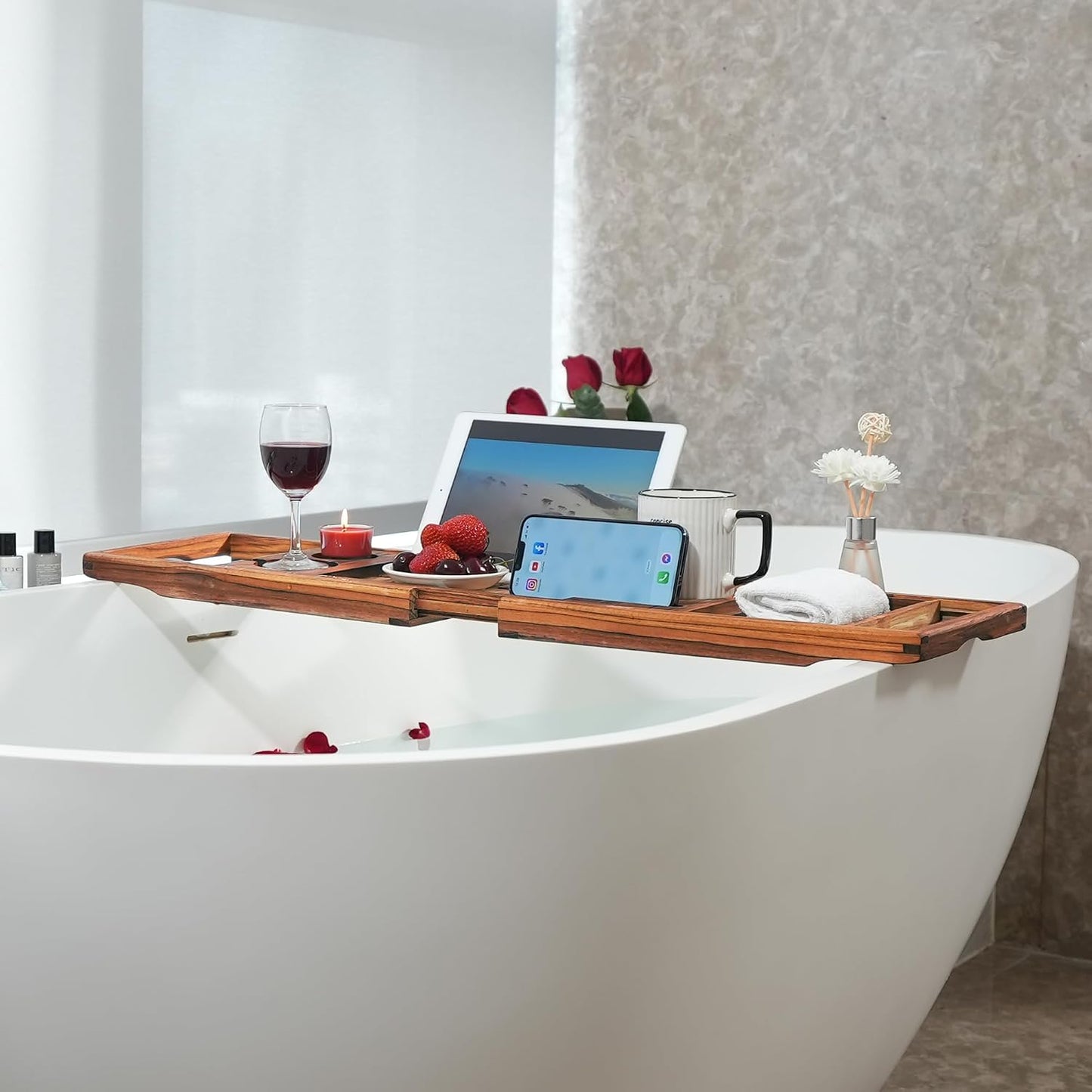 VaeFae Premium Teak Bathtub Tray and Teak Shower Corner Bench Small