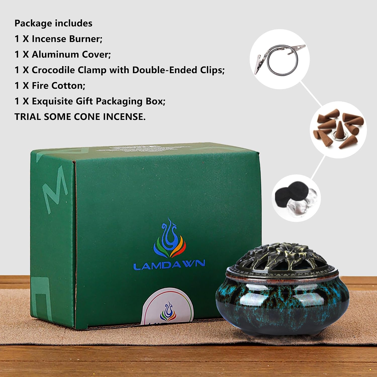 Censer Sky Blue Incense Burner with Calabash Incense Stick Holder - Porcelain Charcoal Censer for Use with Resin Granular Powder Cone or Coil Incense (Blue Fambe)