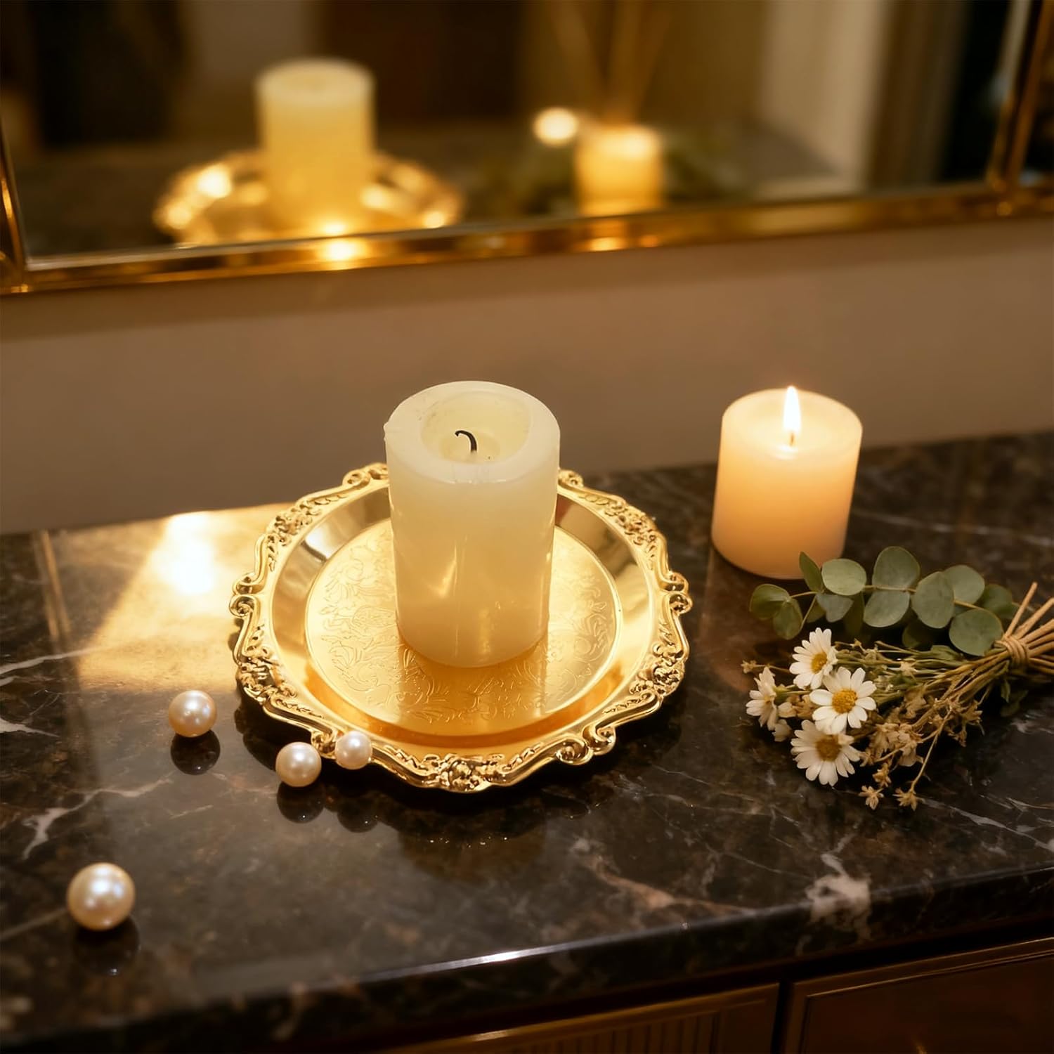 Pillar Candle Holder Set of 2 Jewelry Dish Ring Holder Candle Stand Decorative Metal Plate Vanity Tray for Weding Home Decor (Gold)