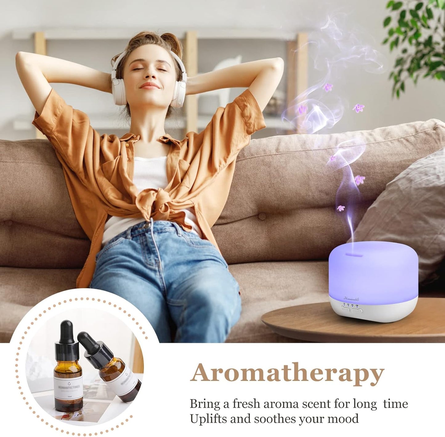 Aromatherapy Essential Oil Diffuser for Room: 500ml Colorful Aroma Air Humidifier with Adjustable Cool Mist Mode, Auto Off Ultrasonic Diffusers for Large Room Home Office(White)