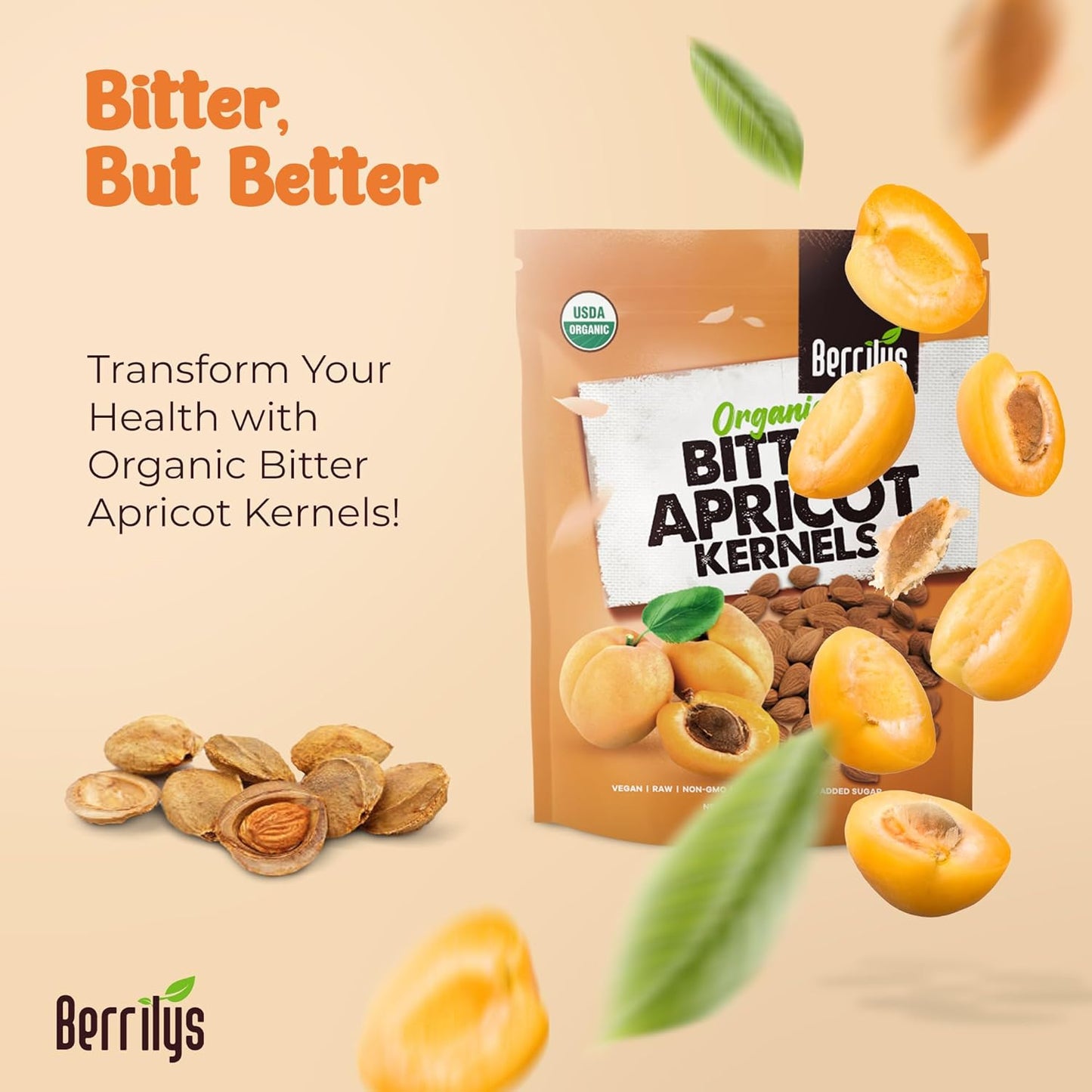 Berrilys Organic Bitter Apricot Kernels - USDA Certified Organic Bitter Apricot Seeds - Natural & Non-GMO, Premium Quality Kernals, No Sulfur or Additives - 10 oz
