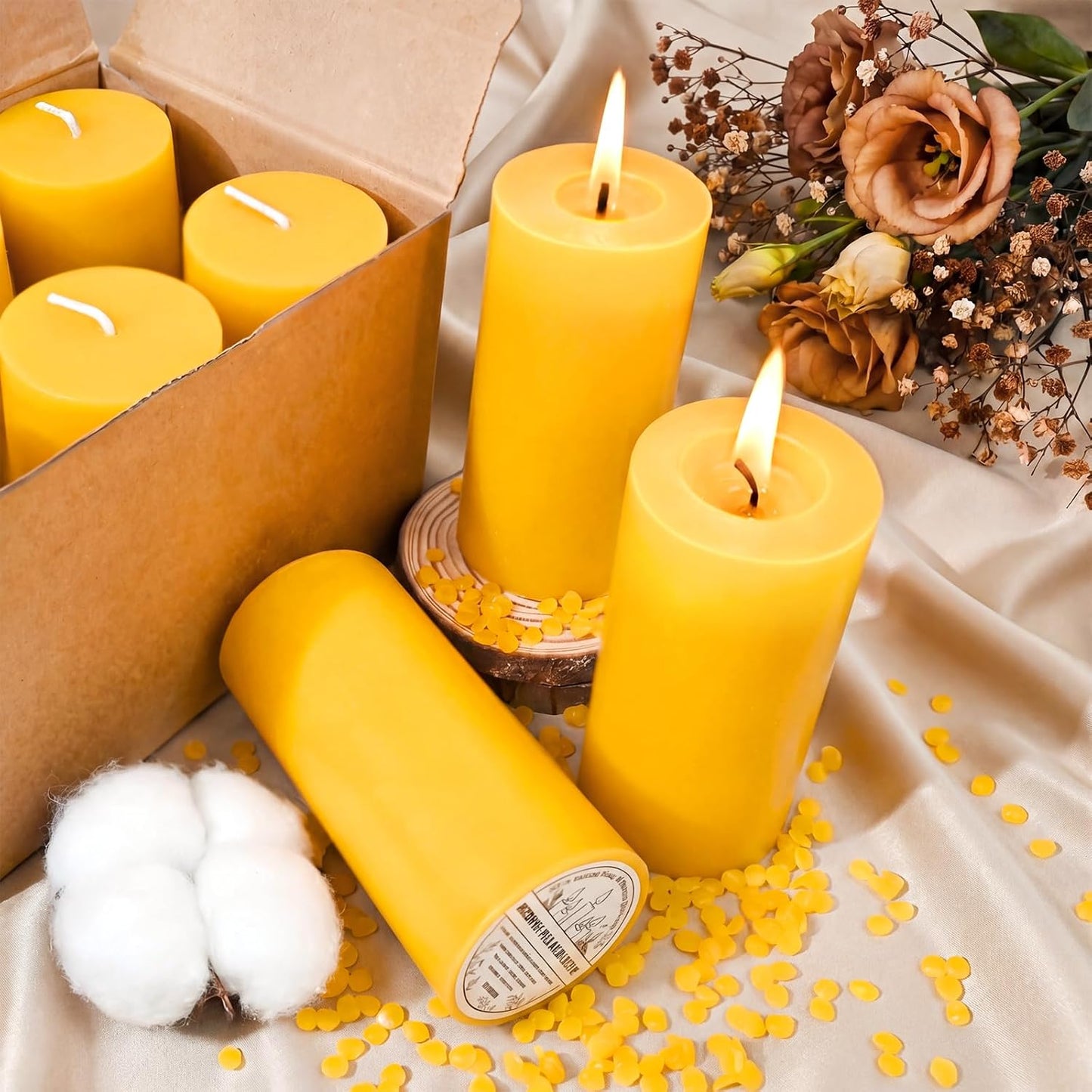 6 Pack Natural Beeswax Pillar Candles, 210 Hours Long Burning, 100% Pure Bees Wax Candles, Organic Emergency Beeswax Candles Bulk for Home Room Prayer Parties Relax, Smokeless & Dripless 2x4in