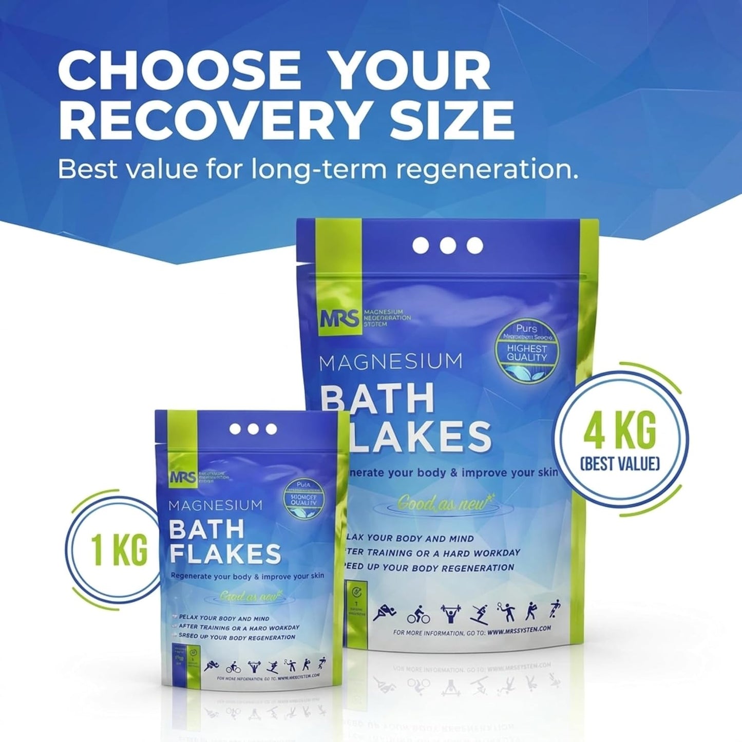 Finest Magnesium Bath Flakes, Bath Salts, Epsom Salt, Body Muscle and Foot Soak, Regenerate Body and Mind, MRS Magnesium Regeneration System, 4kg - 8.8 lb