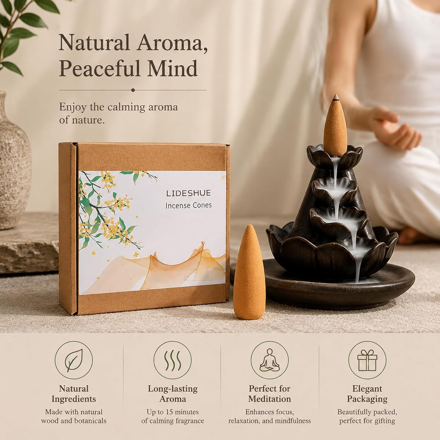 500Pcs Large Backflow Incense Cones for Waterfall - Natural Scents for Waterfall Incense Fits All Backflow Incense Burners, Meditation Yoga Aromatherapy, Scented Cones