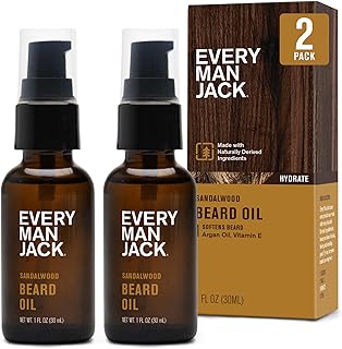Every Man Jack Sandalwood Beard Oil - Moisturize & Soften Your Beard - Relieve Itch and Flakes - Made w/Naturally Derived Ingredients like Vitamin E, Argan Oil, and Borage Oil - 1 oz - 2 Pack