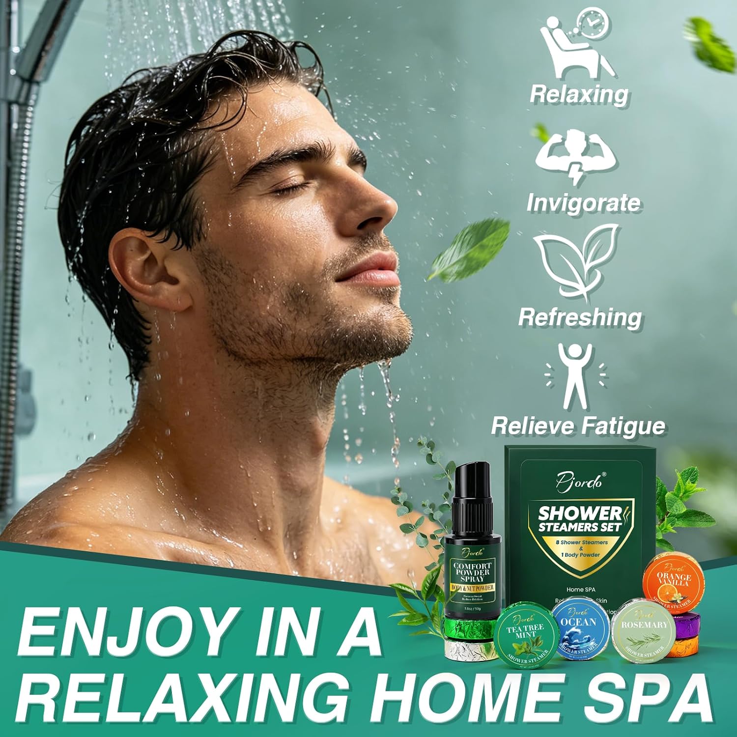 Pjordo Shower Steamers for Men, Fathers Day Gift for Dad, 8 Pcs Shower Bombs with Natural Essential Oil & 1 Pcs Body Powder for After Shower, Self Care Aromatherapy Relaxation Home Spa
