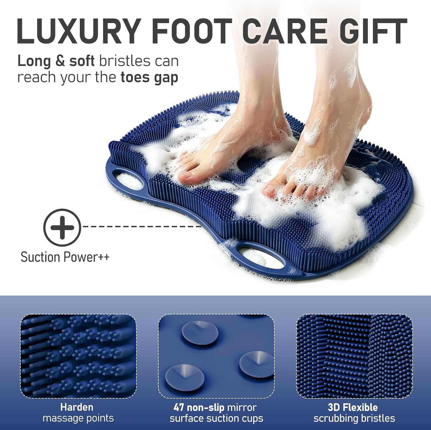Shower Foot Scrubber Mat Large 2.0- Silicone Feet Toes Massage Exfoliate Cleaner Pad Long Brush Without Bending Non-Slip Suction Cups in Shower Floor Bathtub Foot Relax Spa 17.4 * 13" Navy Blue