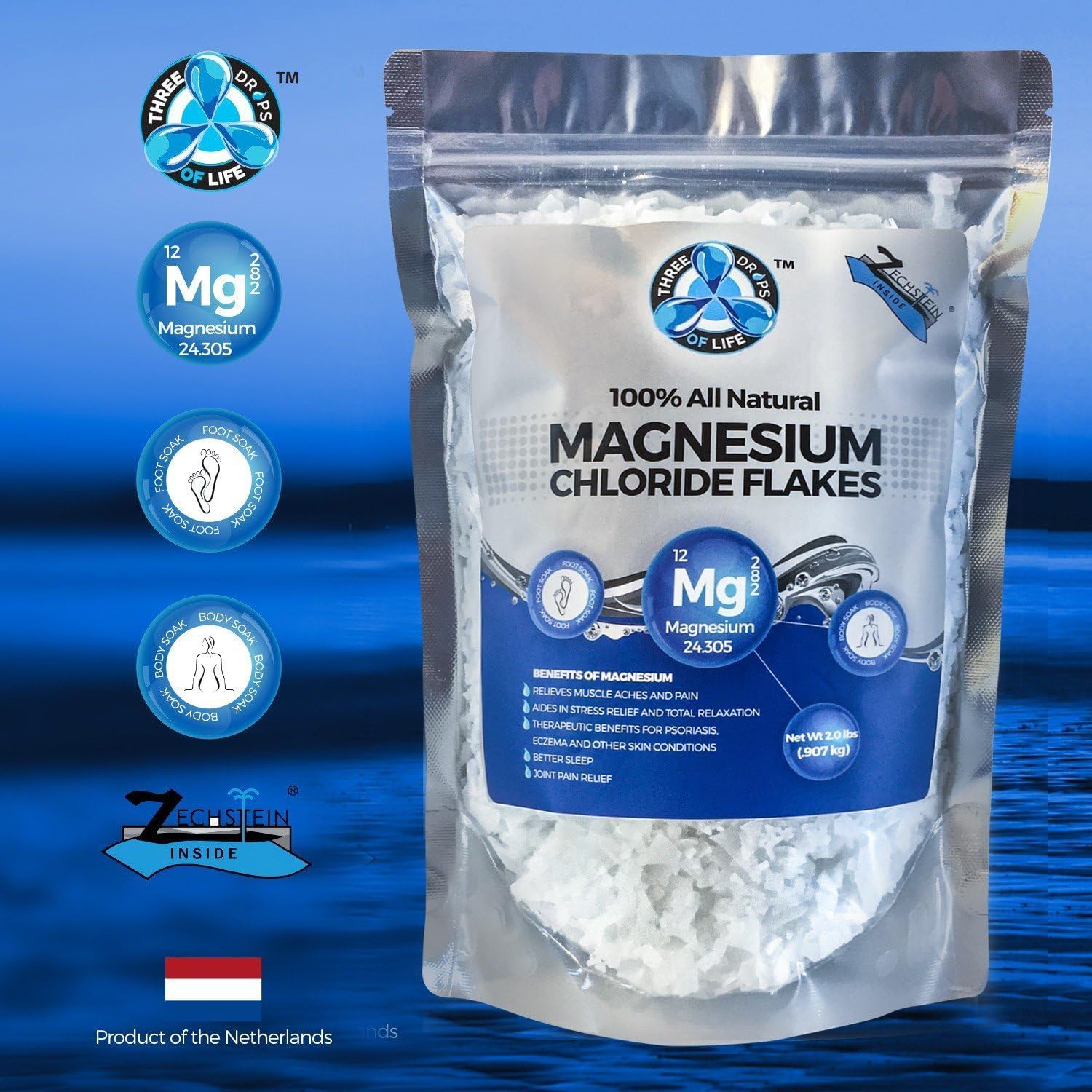 All Natural Magnesium Chloride Flakes, Bathing Alternative to Epsom Salt, Rapid Absorption Efficiency for Wellness and Relaxation, Numerous Foot Soak Health Benefits - 2lb Bulk Bag (2 Pack)