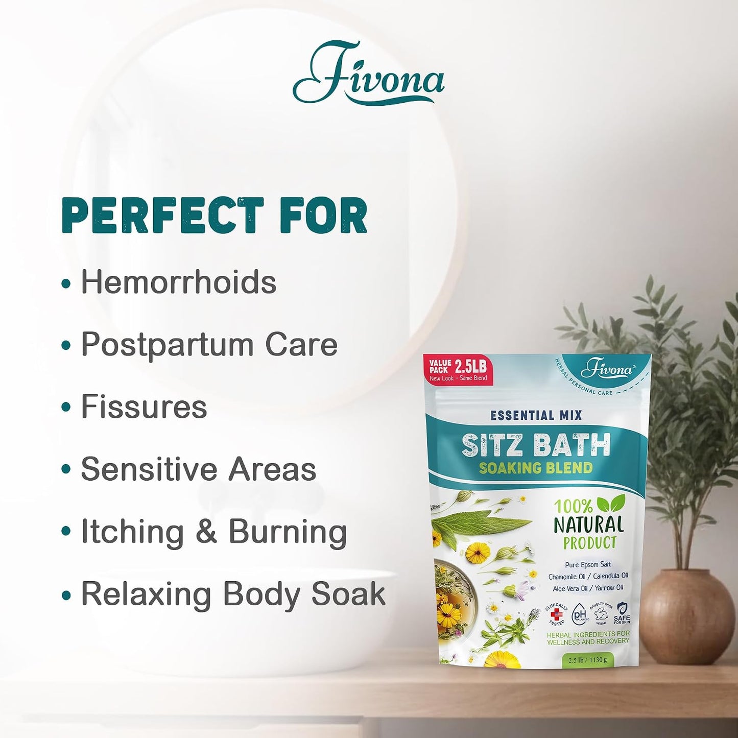 Hemorrhoid Treatment 40oz, Fivona Sitz Bath Salts, Postpartum Soaking Blend Epsom Salt with All Natural Oils for Self Care, Bartholin Cyst Treatment, Large Value Pack