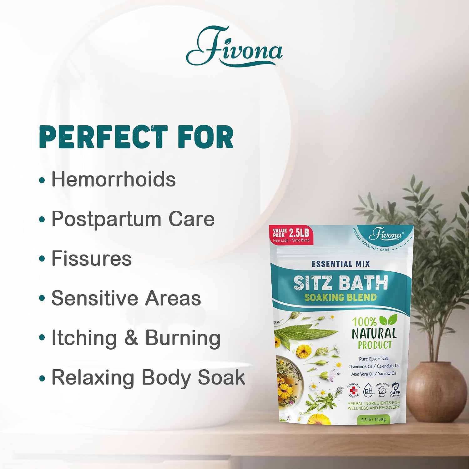 Hemorrhoid Treatment 40oz, Fivona Sitz Bath Salts, Postpartum Soaking Blend Epsom Salt with All Natural Oils for Self Care, Bartholin Cyst Treatment, Large Value Pack