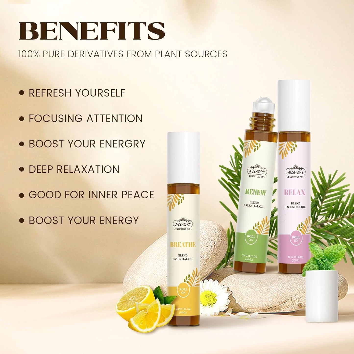 Essential Oils Roll On Set,Gifts for Father & Husband (Calm, Relax, Breathe, Focus on, Sleep, Renew), Natural Aromatherapy Oil Blend Kit with Roller Ball for Massage, Body Skin Care, Relaxation Gift