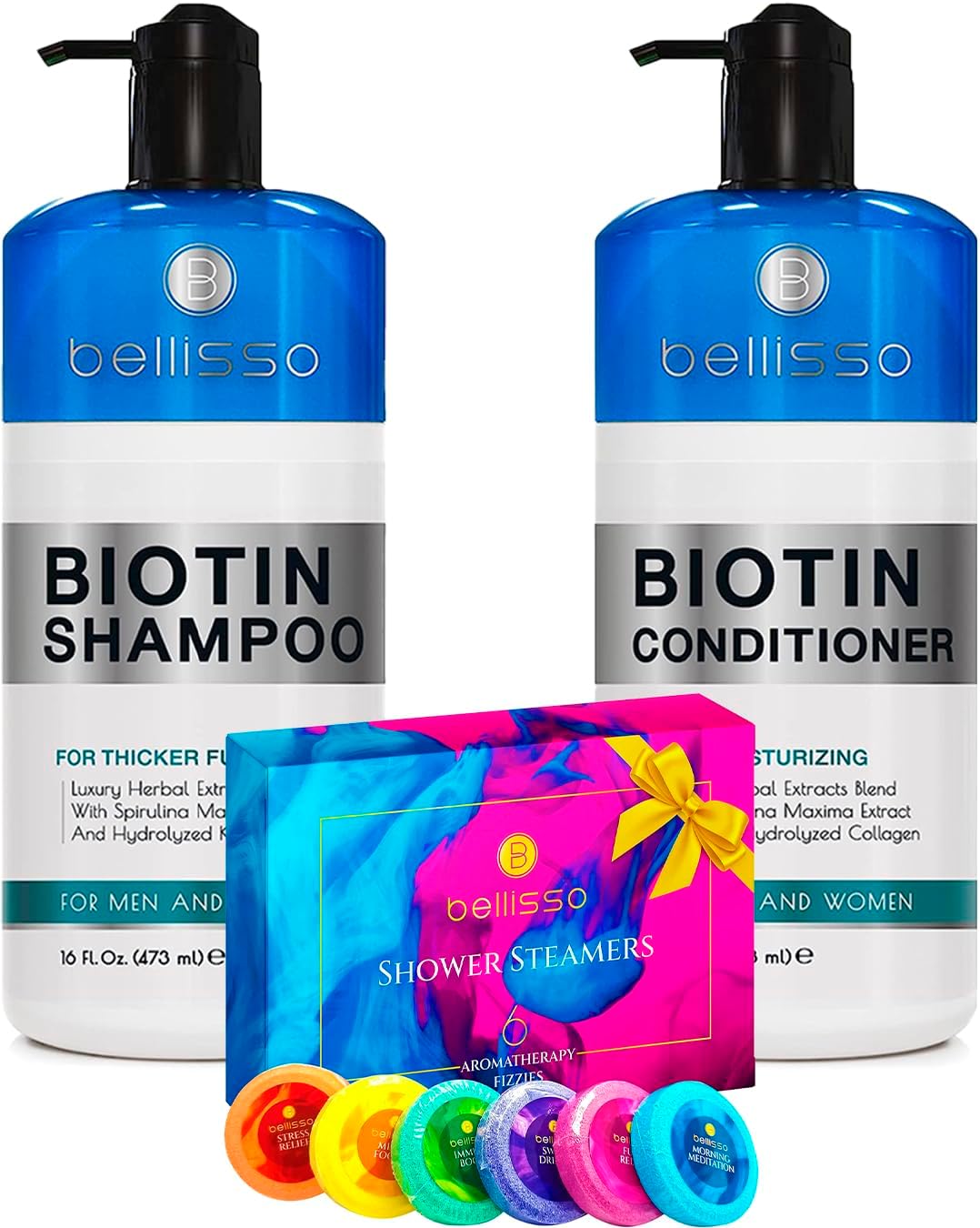 BELLISSO Aromatherapy Shower Steamers Set and Biotin Shampoo and Conditioner Set