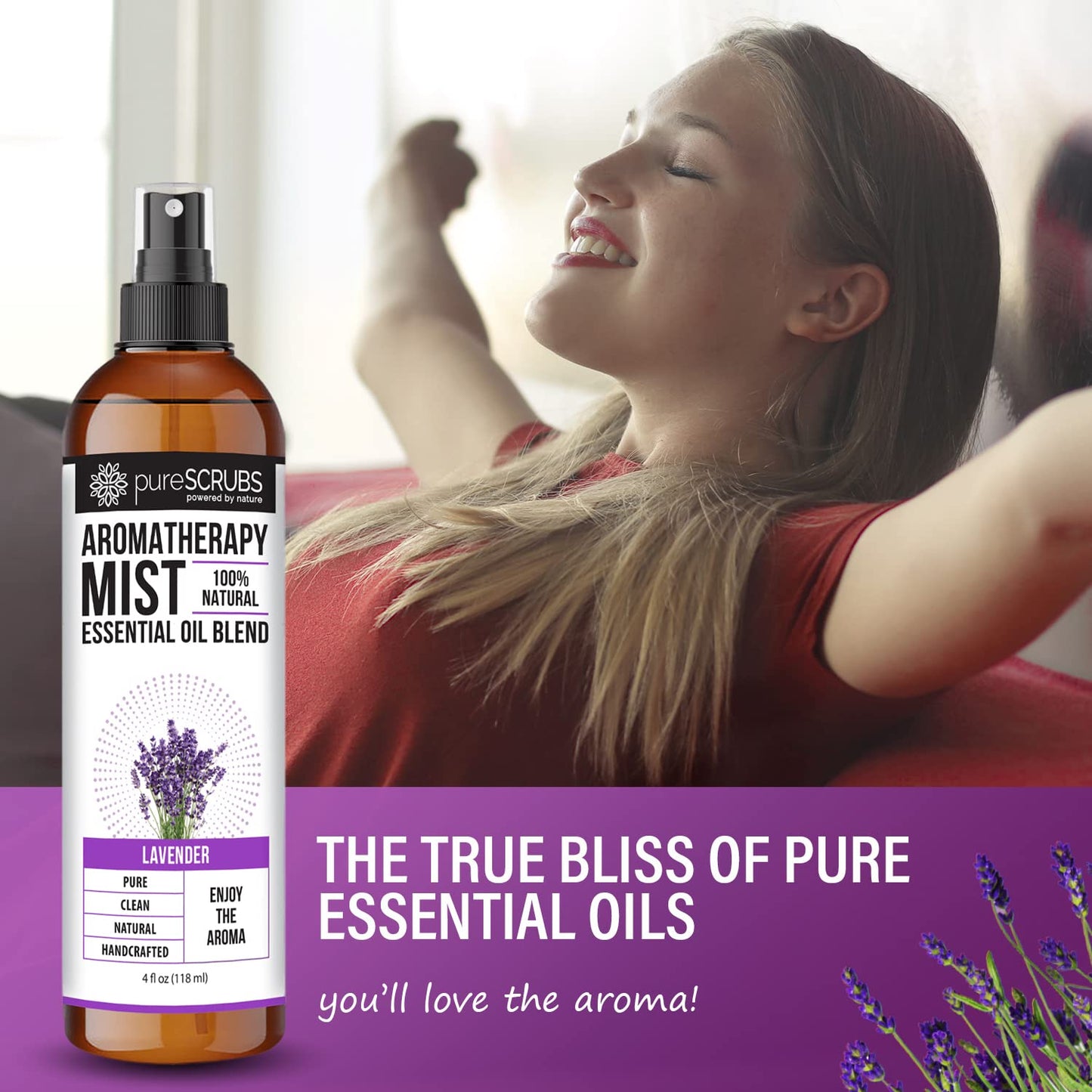Shake, Mist & Enjoy - pureSCRUBS Premium Lavender Aromatherapy Spray Mist for Room, Body, Linens, Pillows 100% Natural Essential Oils Plant Based Formula, One 4oz Bottle