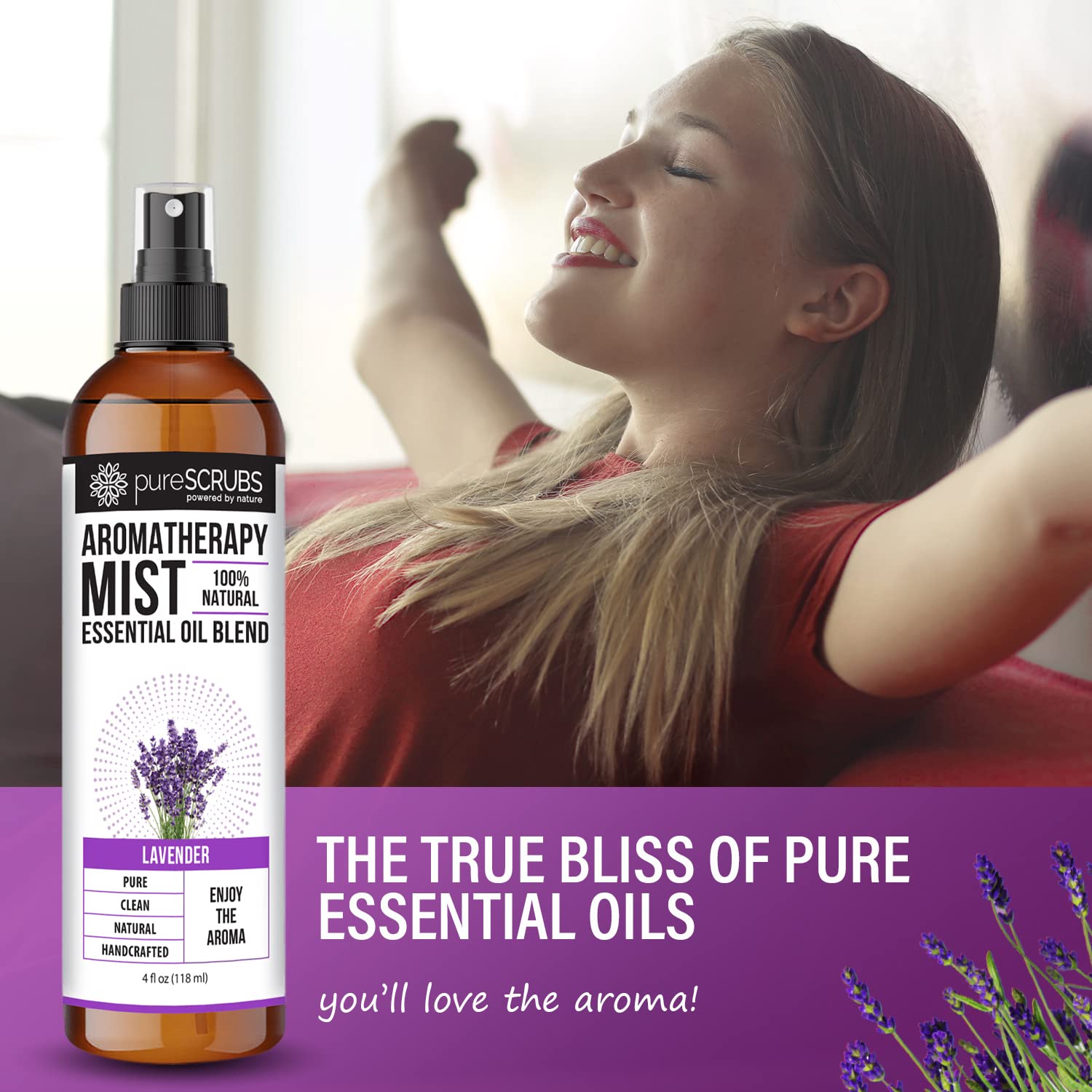 Shake, Mist & Enjoy - pureSCRUBS Premium Lavender Aromatherapy Spray Mist for Room, Body, Linens, Pillows 100% Natural Essential Oils Plant Based Formula, One 4oz Bottle