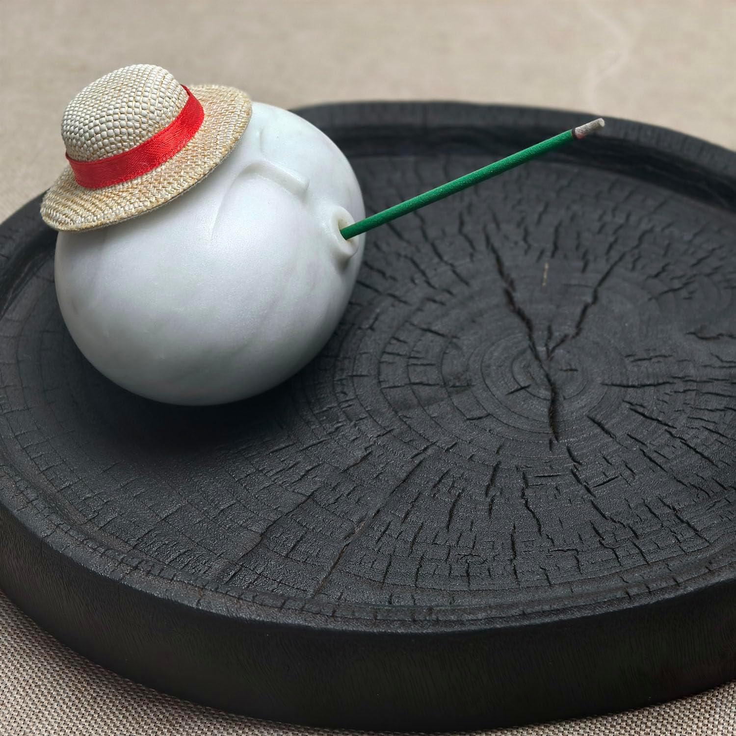 Stone Figure Incense Burner, Marble Backflow Incense Holder with Metal Pad & Mini Hat, Zen Meditation Decor, Modern Home Office Altar Statue, Unique Gift in Black & White (White)