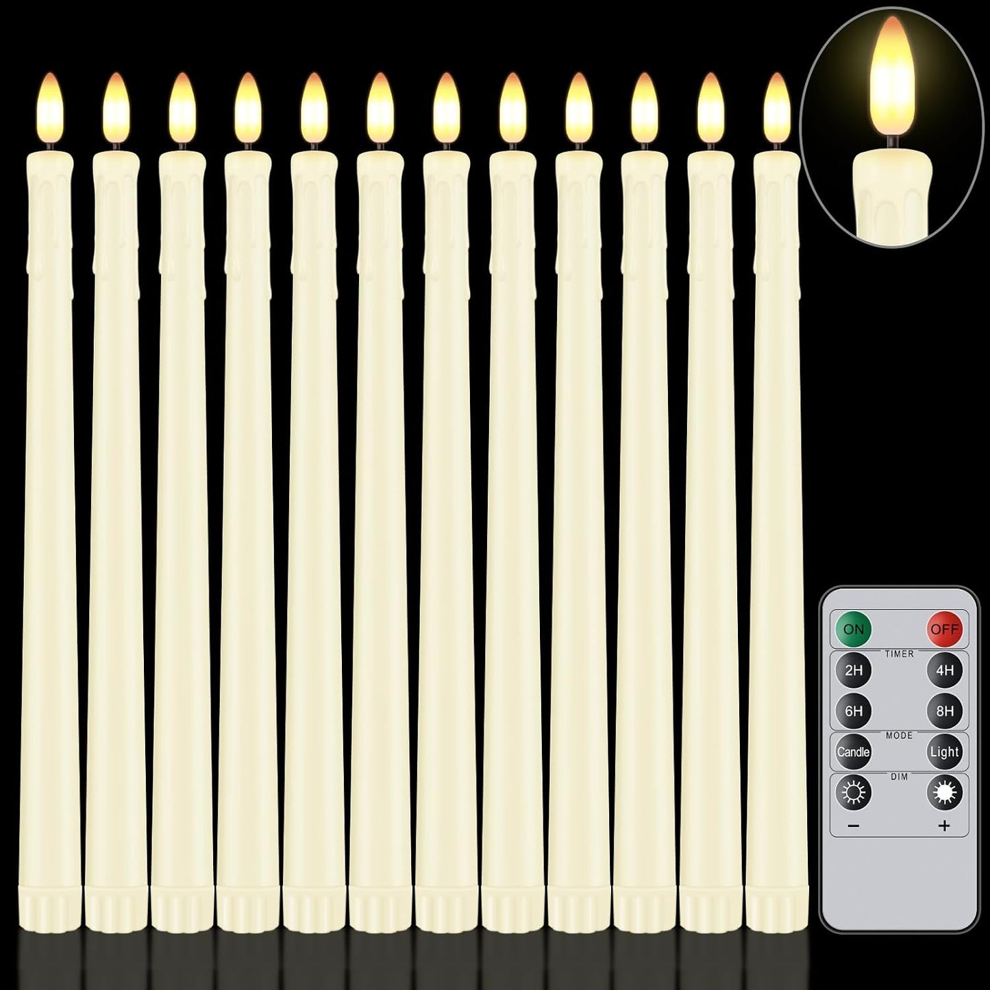 12 Pcs Flameless Taper Candles with Remote Timer, 11" Long Battery Operated Taper Candles, Flickering 3D Flame, Plastic Fake LED Candlesticks for Home Wedding Party Halloween, Ivory