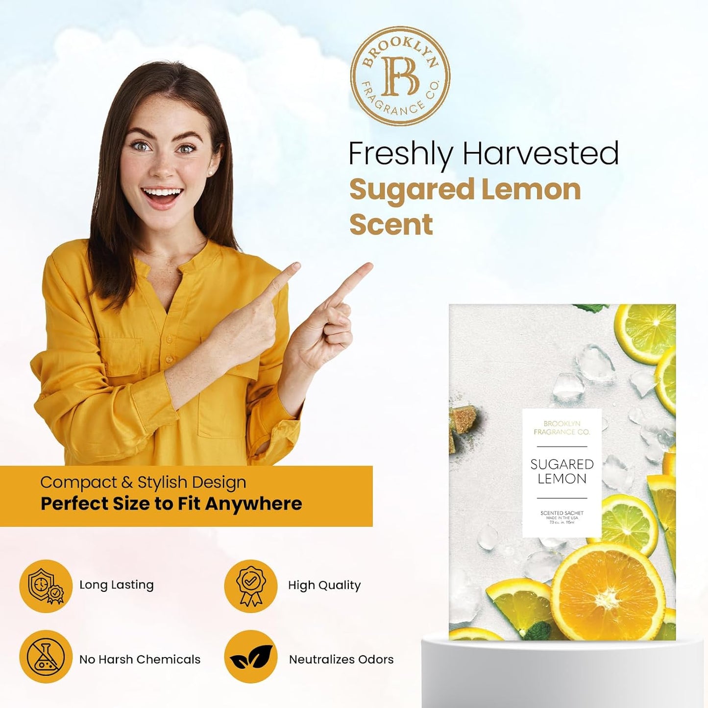 Brooklyn Fragrance Co. Fruits Sachet Bags – Sugared Lemon Scented Pouches – Perfect Aroma for Drawers, Closets, Cars and Bathrooms – Long-Lasting Fresh Scent Sachets (6- Pack)