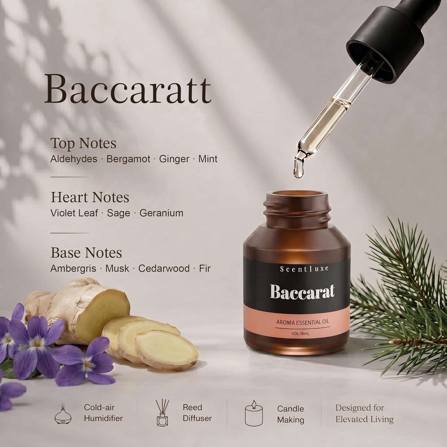 Hotel Diffuser Oil & Fragrance Scent Oil Inspired Baccarat - Essential Oil Blend for Home HVAC, Cold-Air & Ultrasonic Diffusers 15mL Glass Dropper Bottle with Luxury 5-Star Hotel Aromatherapy