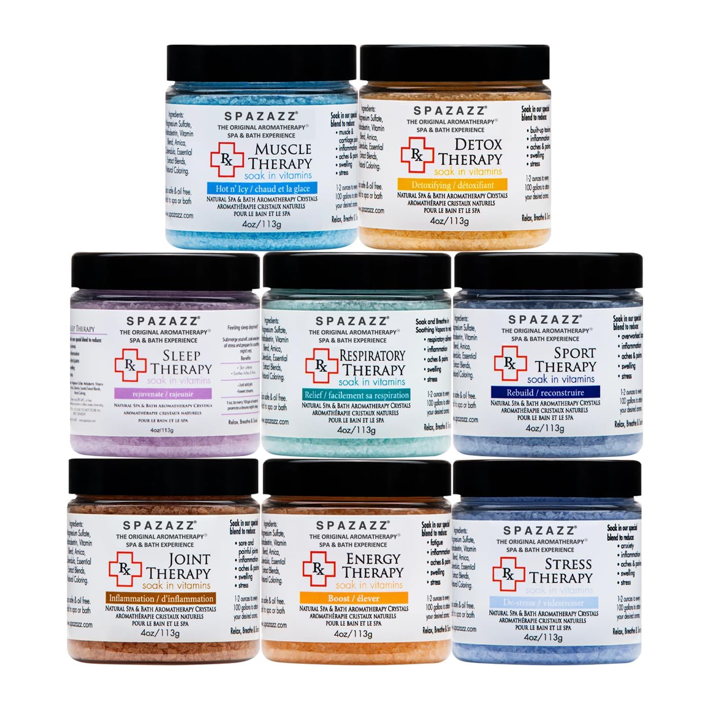Spazazz RX Therapy Hot Tub Spa and Bath Aromatherapy Salt Crystals 4oz 8 Pack Sample Bundle Includes Muscle - Joint - Detox - Stress - Respiratory - Sport -Sleep - Energy. Great for Muscles & Joints