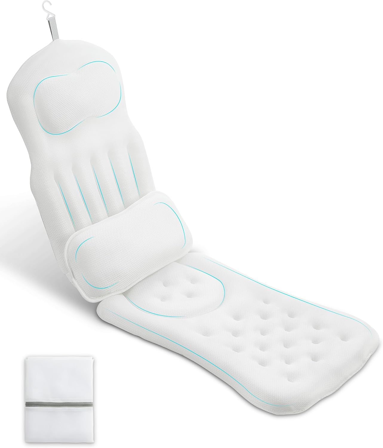 Full Body Bath Pillow for Bathtub, 5D Thick Tub Pillow for Bathtub with Movable Head, Neck & Lumbar Support, Laundry Bag & Hook, Bathtub Pillow for Post-Yoga Spa, Deep Relaxation(White, 51"*15")