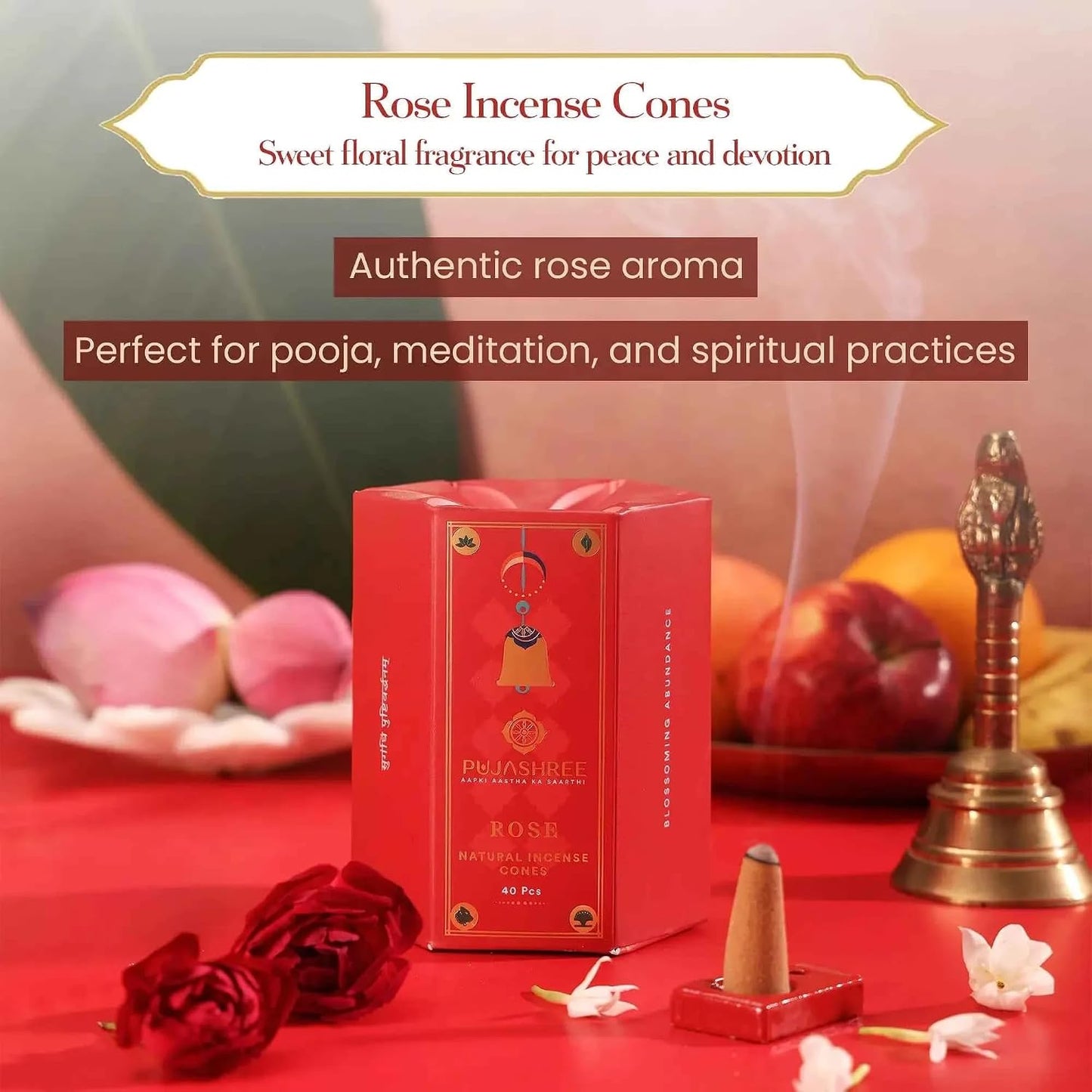 Pujashree Natural Incense Cones, Rose Dhoop Sticks, Incense Dhoop for Pooja & Meditation, Eco-Friendly, Natural Aroma Sticks, 20 min Burn Time Each, Pack of 40 Pcs (2-inch Size)