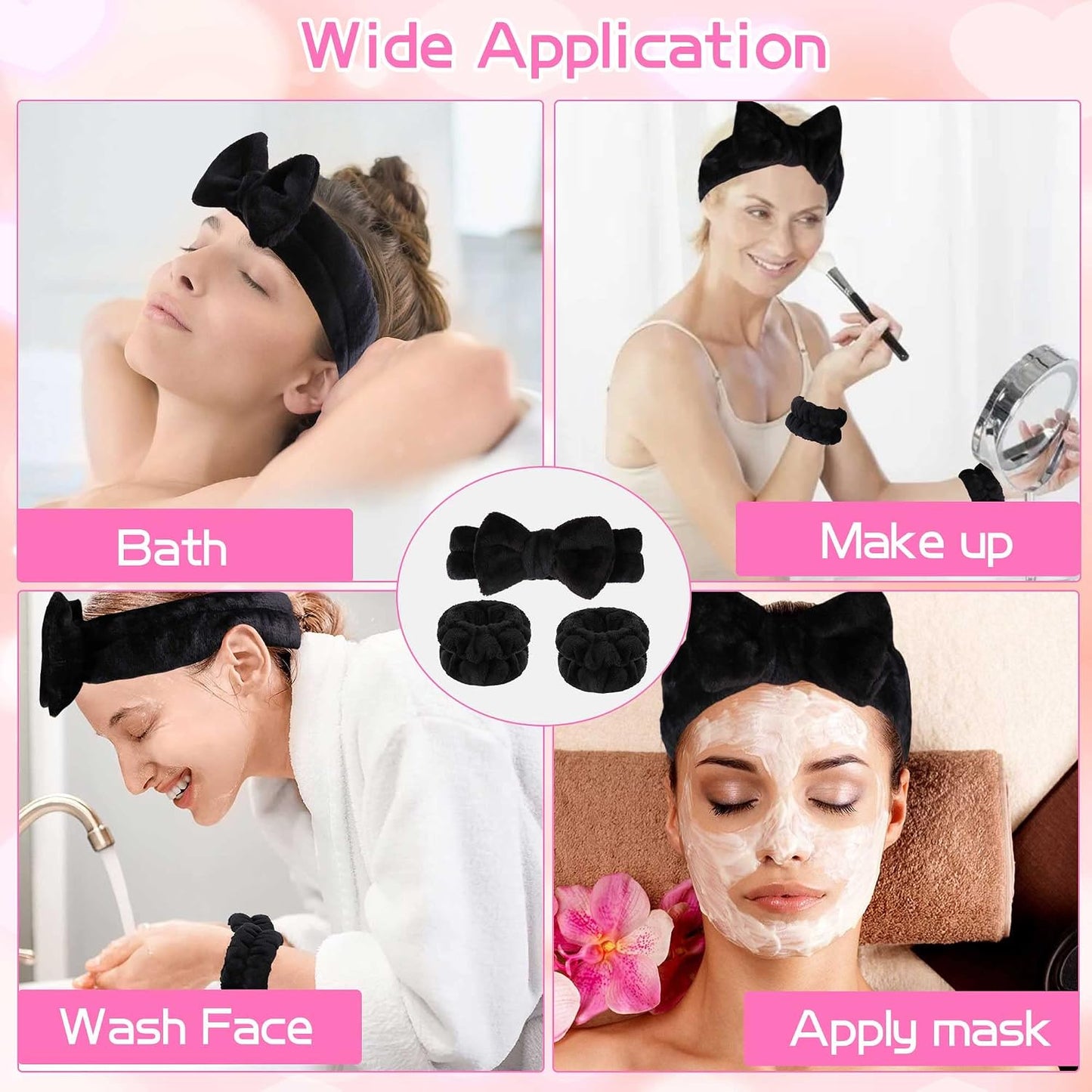 WSYUB Makeup Headbands, 1pcs Black Spa Headband Fluffy Bow Tie Headband Microfiber Face, and 2Pcs Wrist Spa Wash Band Absorbent Wristbands, for Washing Face Skin Care