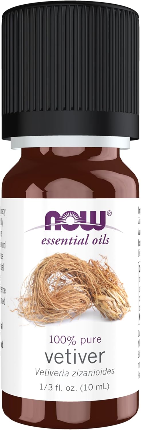 NOW Essential Oils, Vetiver Oil, Woodsy Aromatherapy Scent, Steam Distilled, 100% Pure, Child Resistant Cap, 10-mL