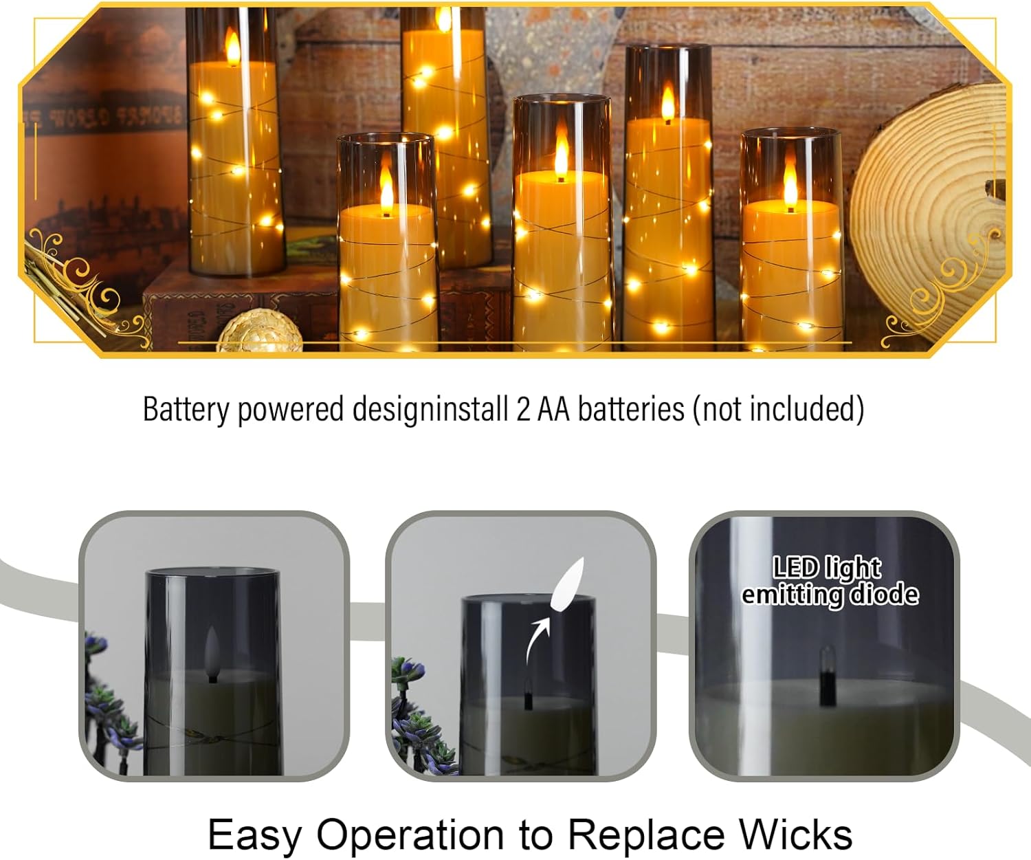 Eebuss Flameless Candles with Embedded Star String, Battery Operated LED Pillar Candles with Timer and Remote Control,Home Decorating for Ambiance， Set of 7(Grey)