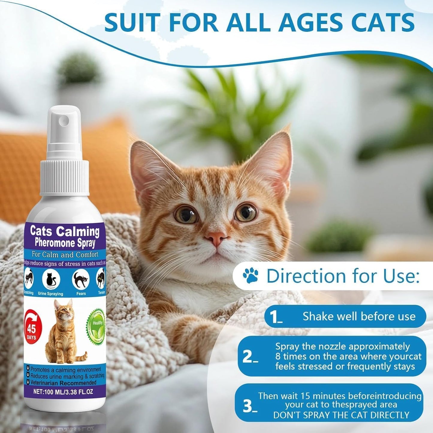 Cat Calming Pheromone Spray for Stress & Anxiety Relief – Reduces Scratching, Urine Spraying, Hiding – Drug-Free & Vet Recommended – Feline Calm Spray with F3 Facial Pheromone 2 * 100mL 8.9oz