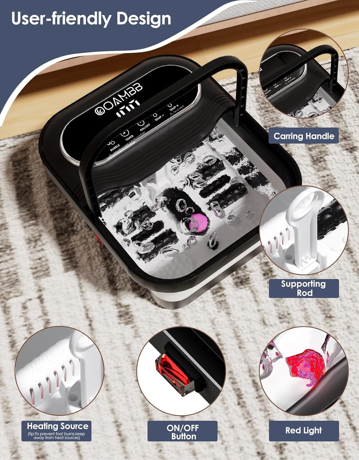 OOAMBB Collapsible Foot Spa with Heat, Bubble and Temp Control, Foot Bath Massager with XL Touch Screen and Massage Rollers, Foot Soaking Tub, Pedicure Foot spa for Stress Relief (Black)