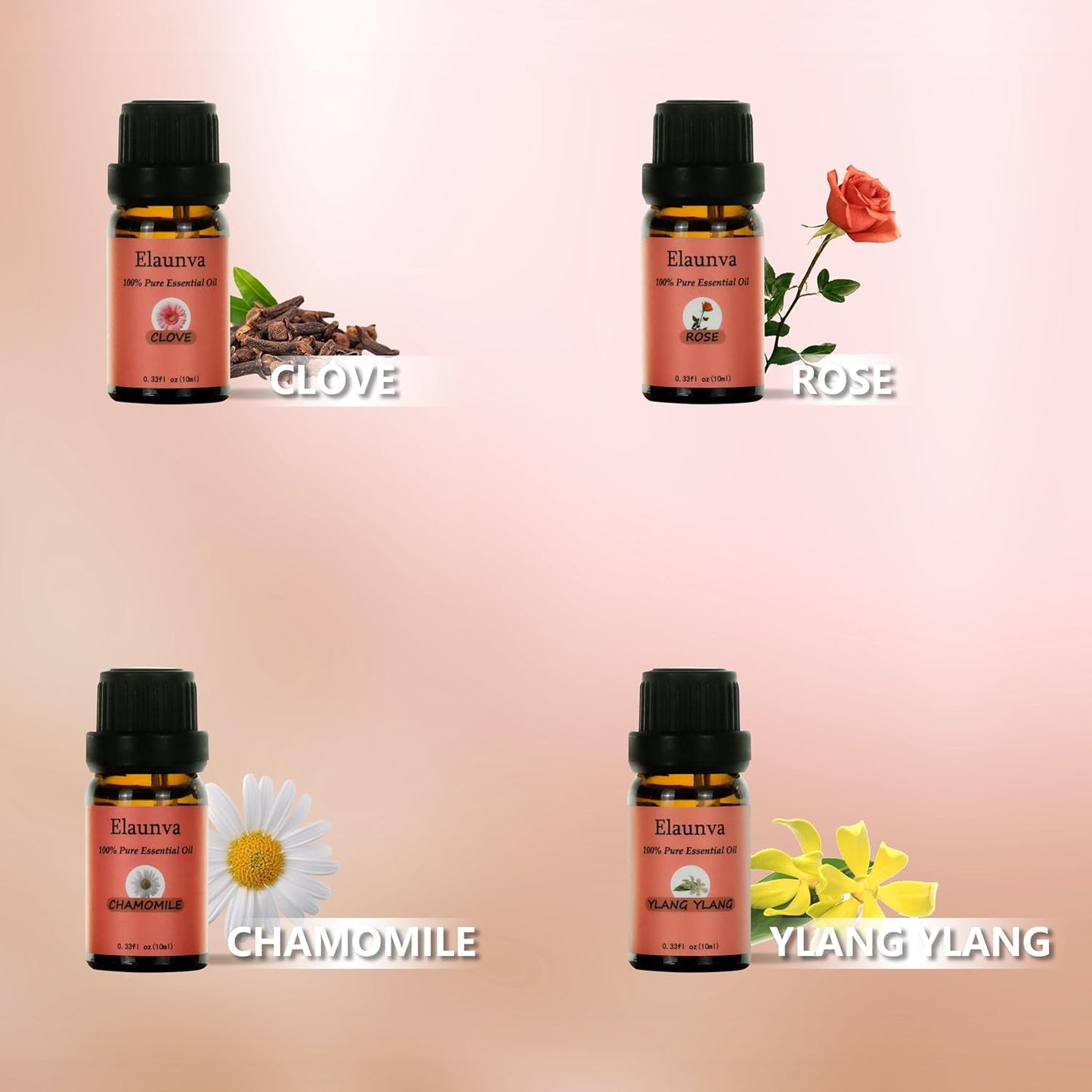 Essential Oils Set,100% Pure Natural,4 Scents(Clove/Chamomile/Rose/Ylang),for Valentine's Day GIF and Home Fragrance,Aroma Therapy Oil,Gift for Friends/Family (0.33Fl Oz*4, Flower Set)