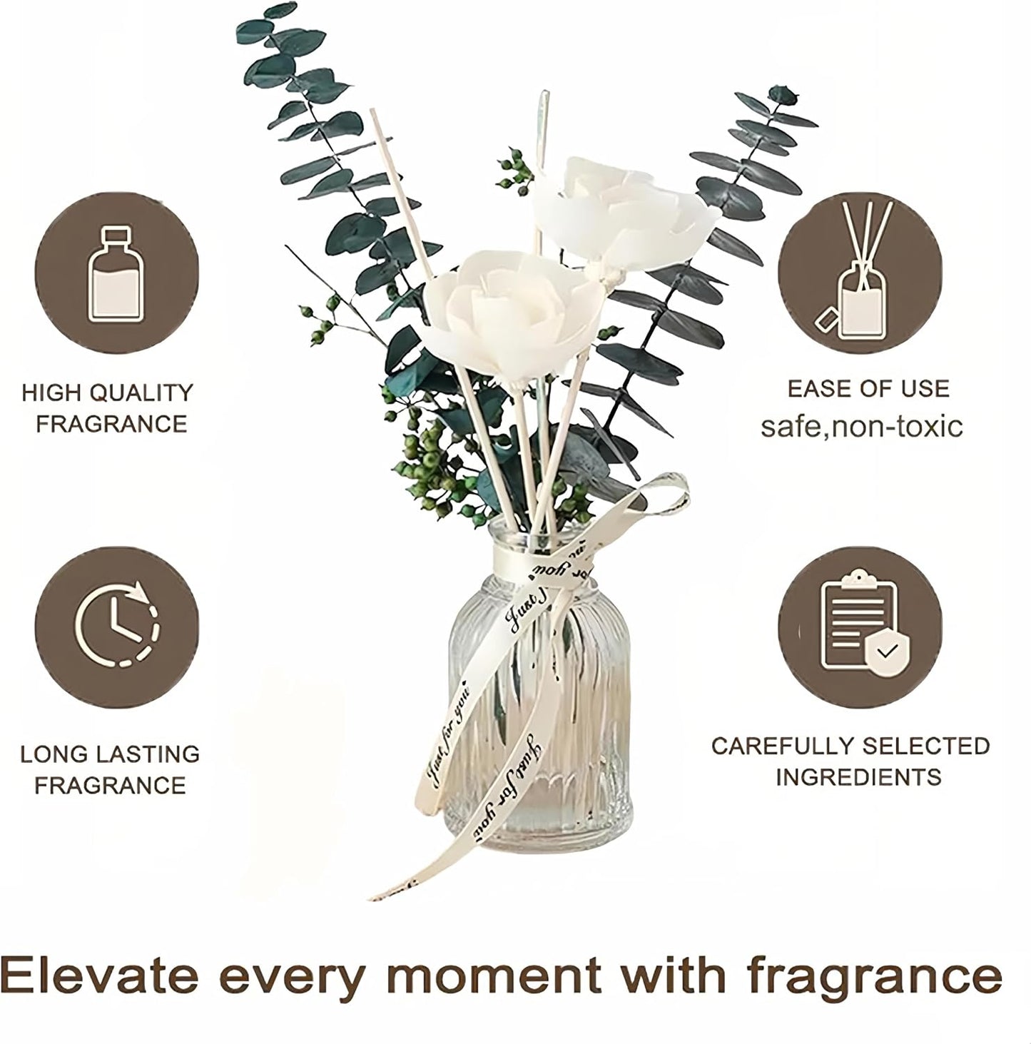 Dried Flowers Reed Diffuser of Home,Bathroom Diffuser with Sticks, 3.38OZ Essential Oil Jasmine Scented,for Home, Office Aroma