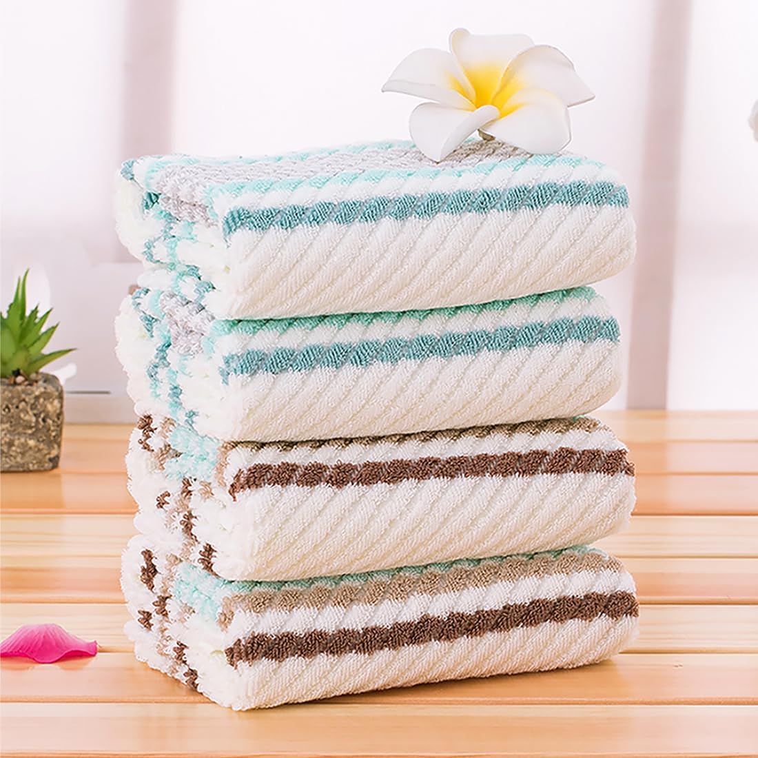 Pidada Hand Towels Set of 2 Striped Pattern 100% Cotton Soft Absorbent Decorative Towel for Bathroom (Green)