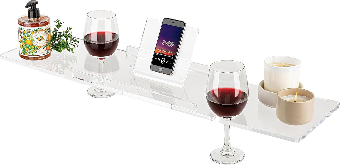 34" Supreme Plus- Luxury Bathtub Tray Caddy- 3/8" Thick, Clear Bath Tub Tray Table for 1 or 2 Bathers, Acrylic Bathtub Caddy, iPad and 2 Wine Glass Holders (Supreme Plus, 34")