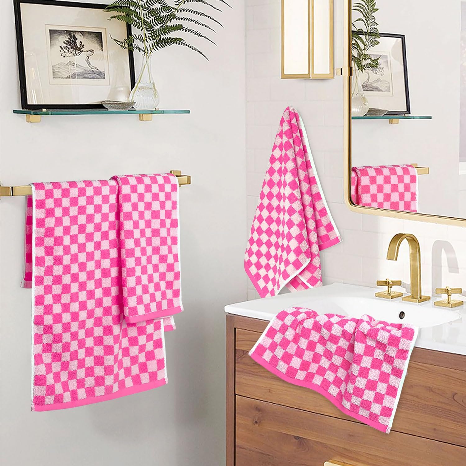 Jacquotha Pink Hand Towels 4 Pack, Cotton Decorative Bathroom Hand Towel & Checkered Kitchen Decor, 13" x 29"
