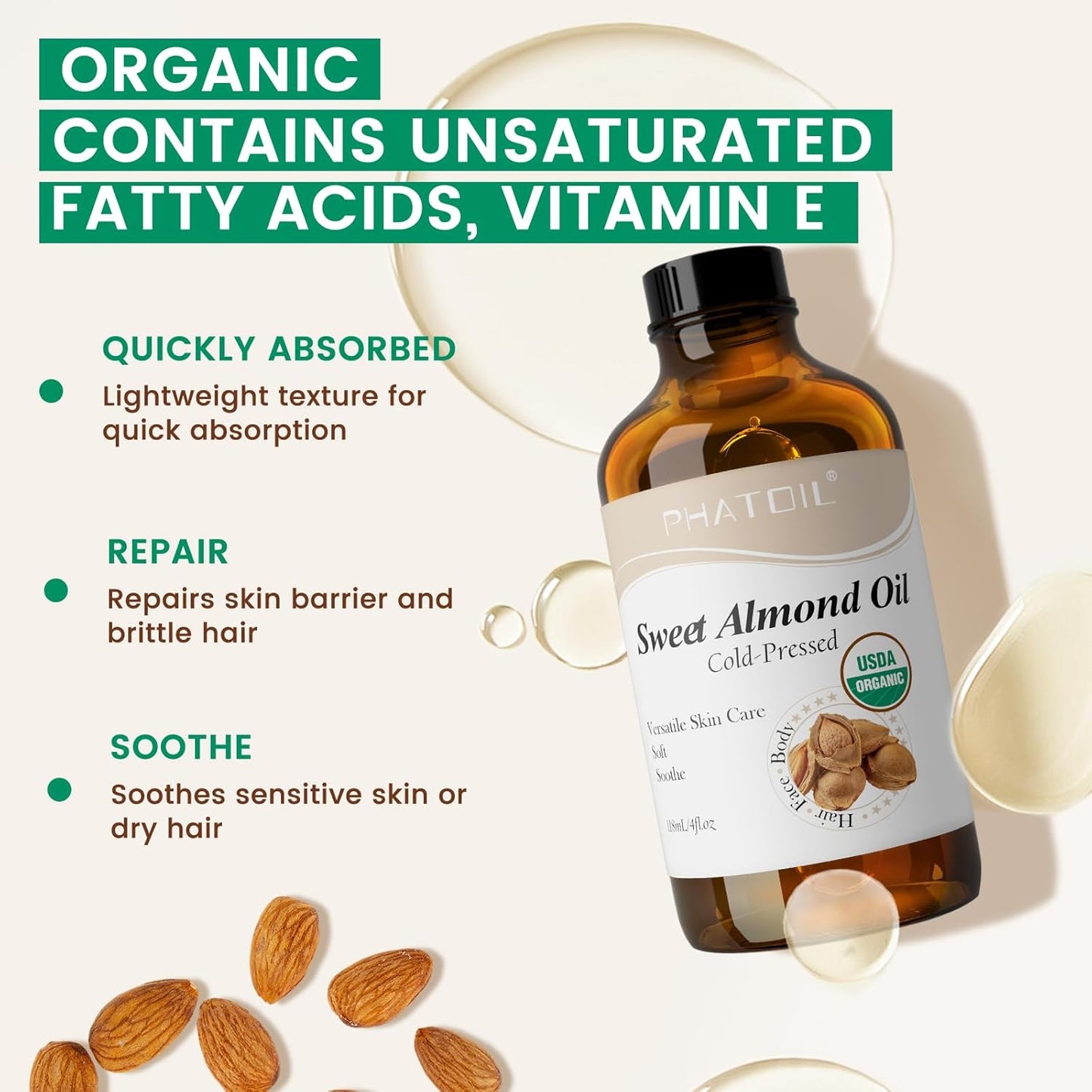 PHATOIL Organic Sweet Almond Oil for Skin 118 ml (4 fl.oz), USDA Certified Organic, Cold Pressed Almond Oil in Glass Bottle for Hair, Face, Body Moisturizer, Carrier Oil for DIY, Massage