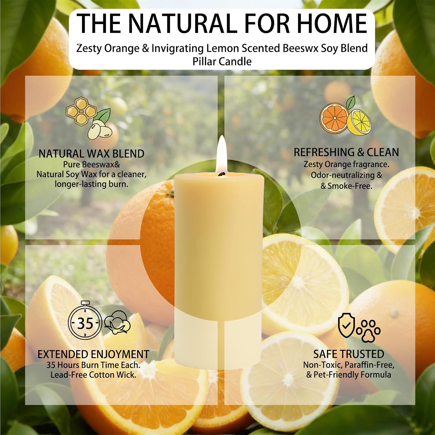 Orange Lemon Scented Beeswax Pillar Candles, Non-Toxic Natural Beeswax & Soy Scented Candles for Home, 35 Hour Clean Burn Smokeless Pillar Candle, 2x4 Inch