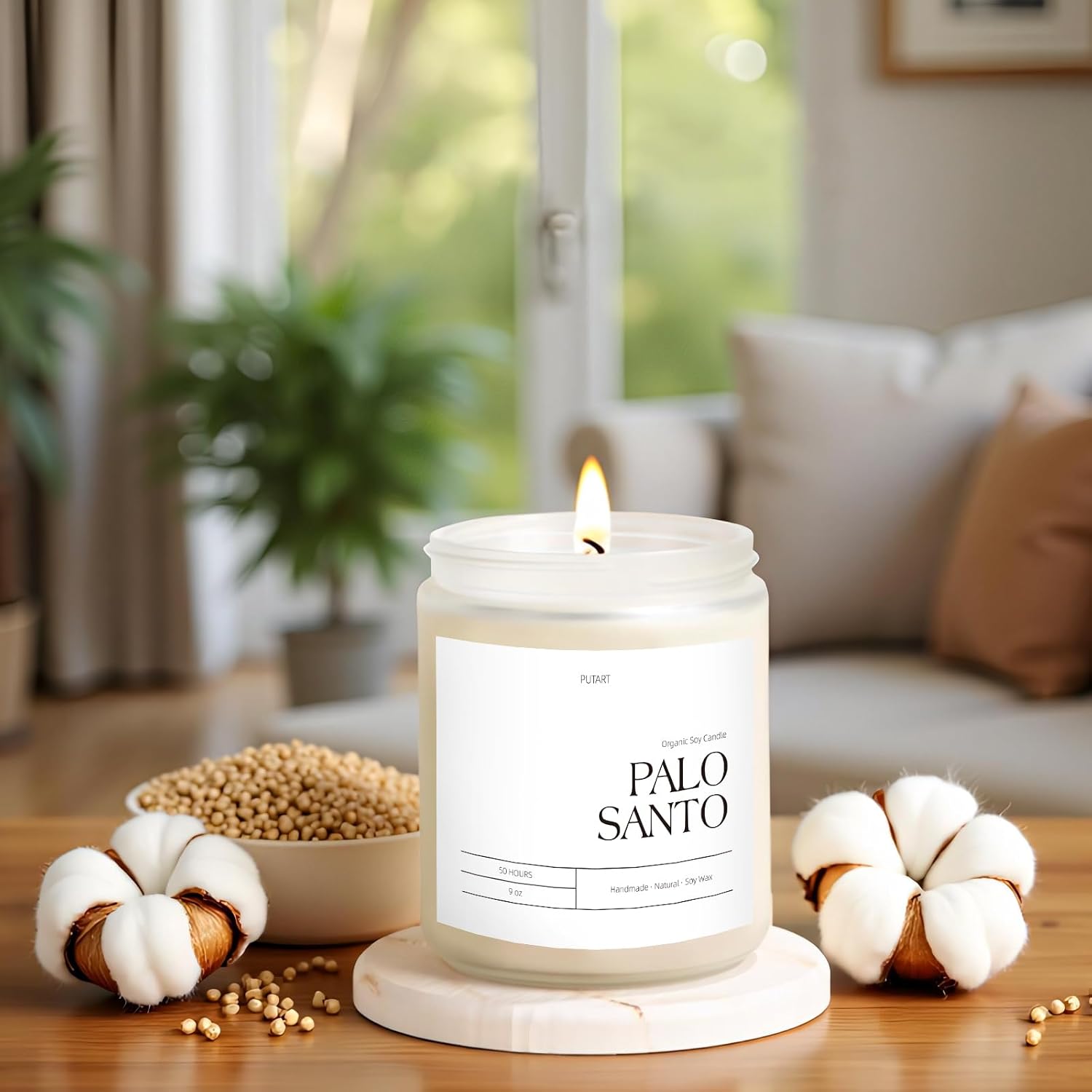 Palo Santo Highly Scented Candle for Home, 9oz Natural Soy Aromatherapy Non Toxic Candles with Essential Oil, Home Fragrance Stress Relief & Meditation Jar Candles Gifts for Women & Men, White