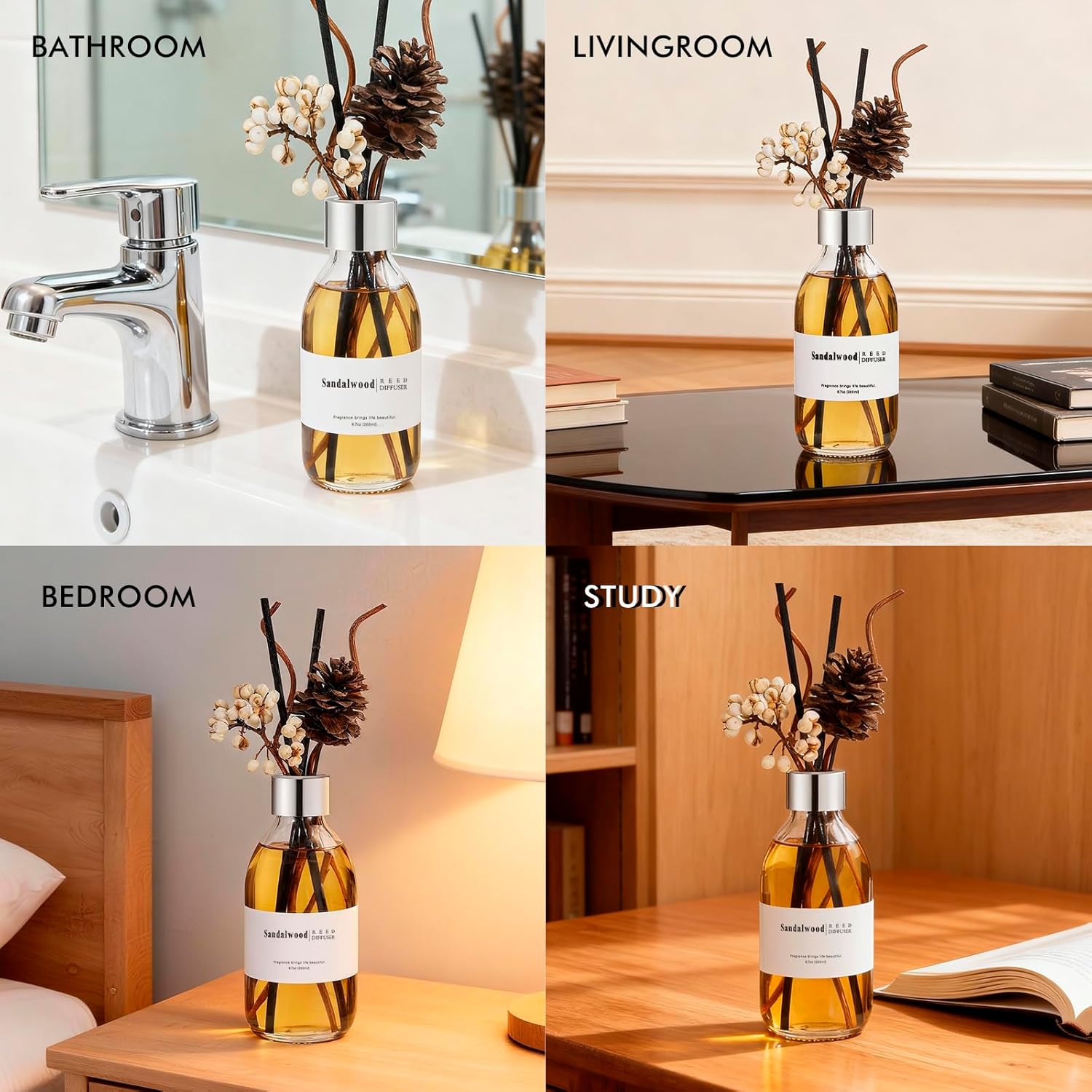 Clesh Reed Diffuser Set, 6.7 oz Sandalwood Scented Diffuser with Sticks, Home Fragrance Reed Diffuser for Bathroom Shelf Decor