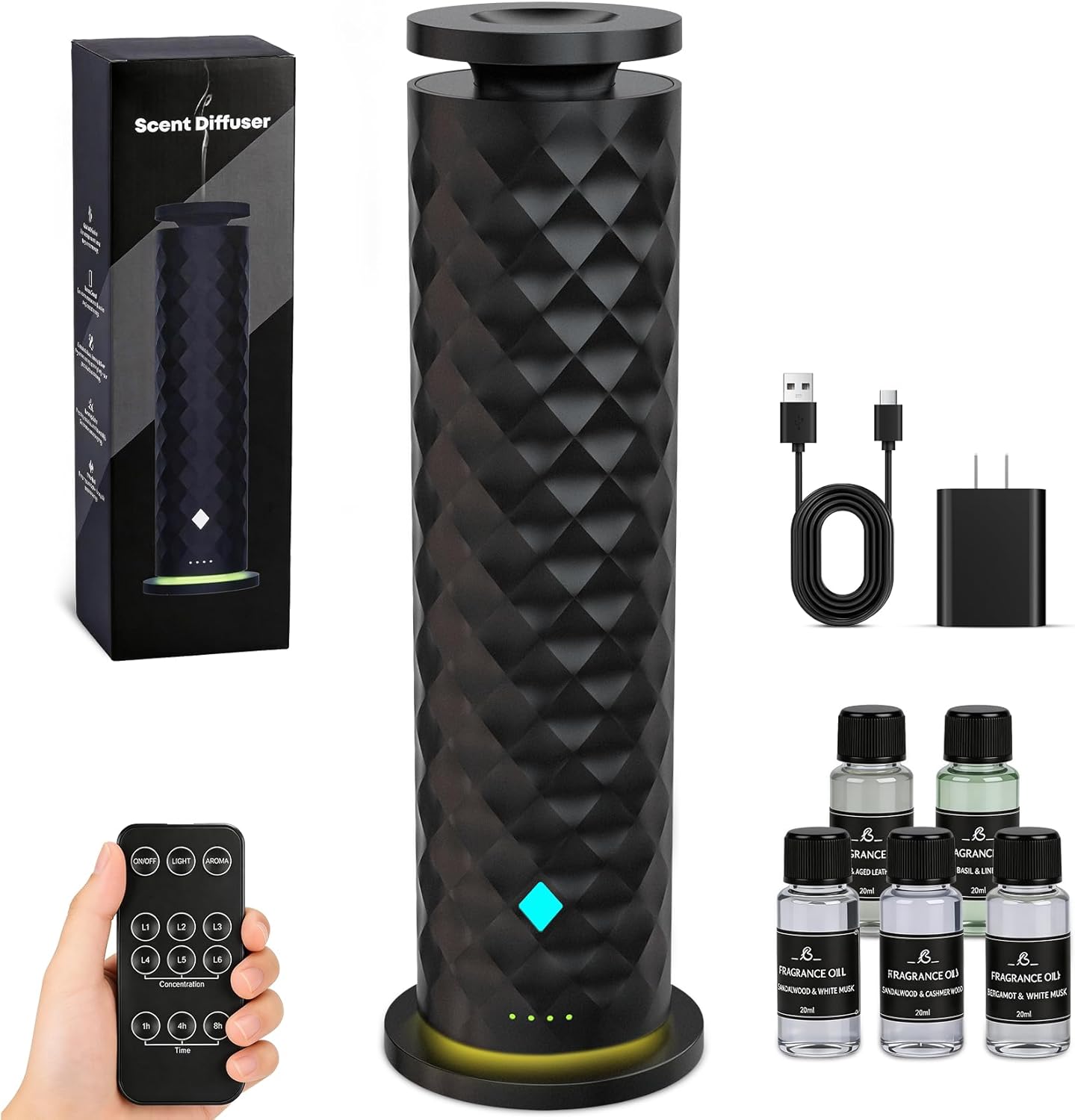 Waterless Scent Diffuser Starter Kit – Remote Control Cold Air Scent Diffuser Oil Machine with 5 Oils 1000 Sq Ft Coverage Quiet Nebulizing Aromatherapy for Home Office Bedroom & Spa