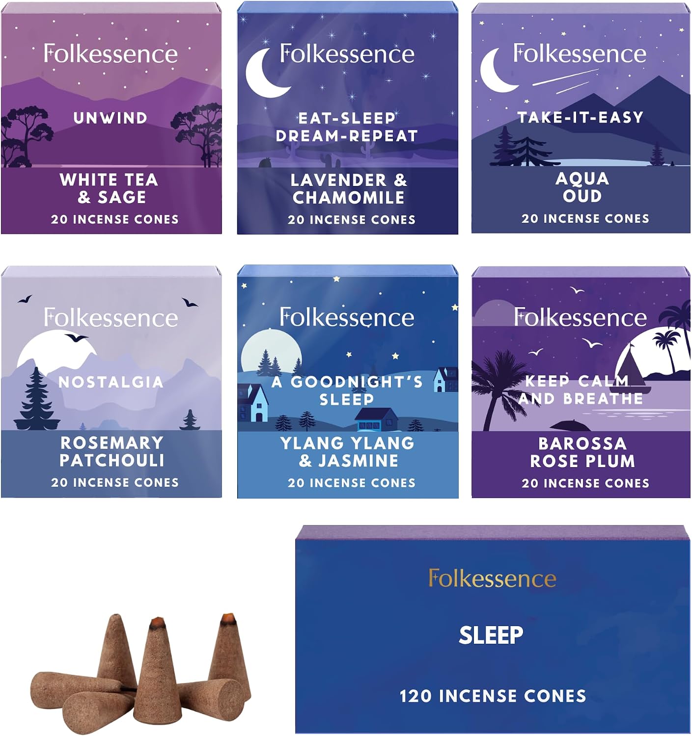 Folkulture Incense Cones (120 Cones) | Set of 6 Premium Insence Cones for Deep Sleep, Relaxation, Aromatherapy, Gifts | No Charcoal, Organic, Non Toxic Lavender, Rosemary, Patchouli Inscents-Cones
