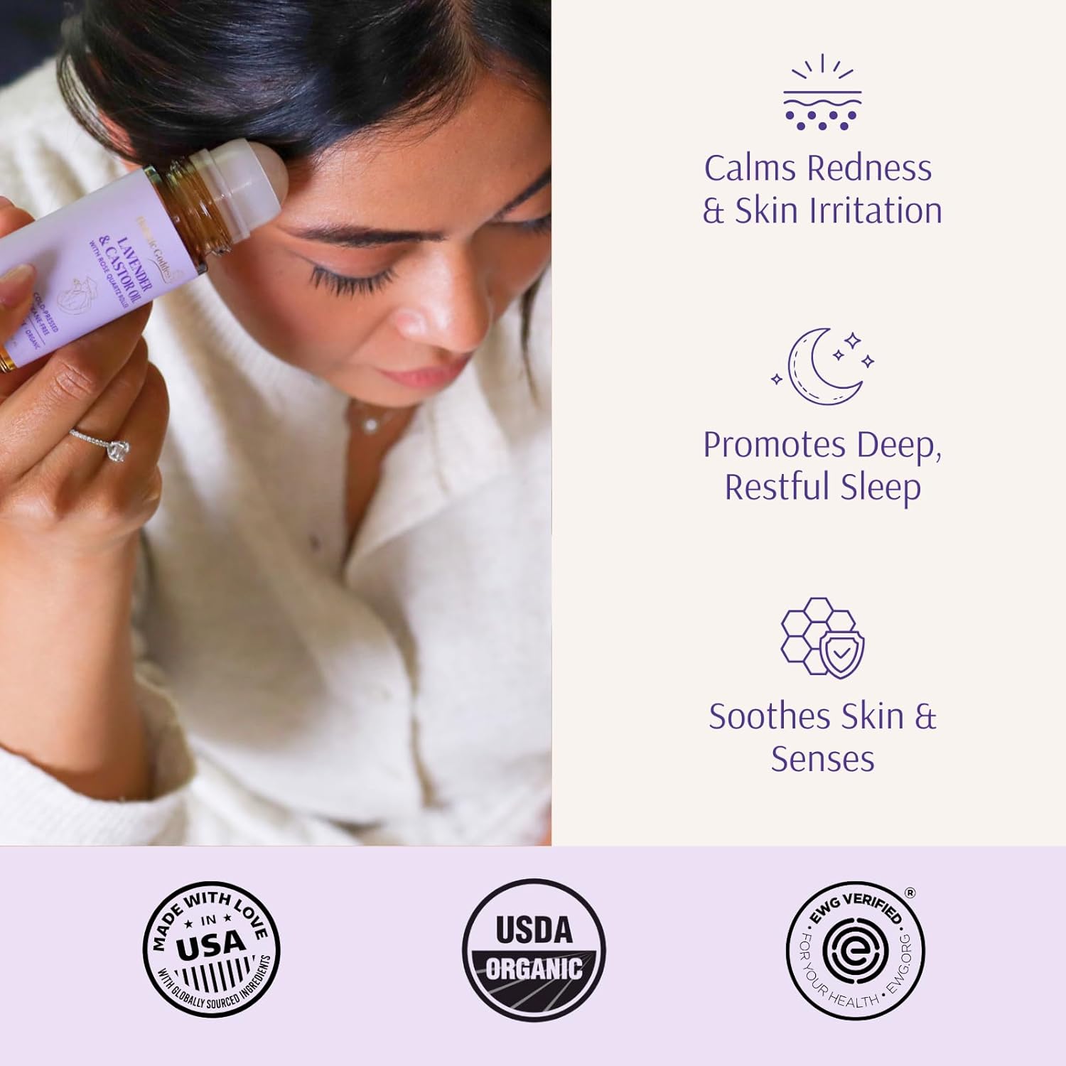 Holistic Goddess Organic Lavender & Castor Oil Roll-On with Rose Quartz Roller – Calming Night Ritual Oil for Stressed Skin & Visible Redness, 1.7 fl oz (50ml)