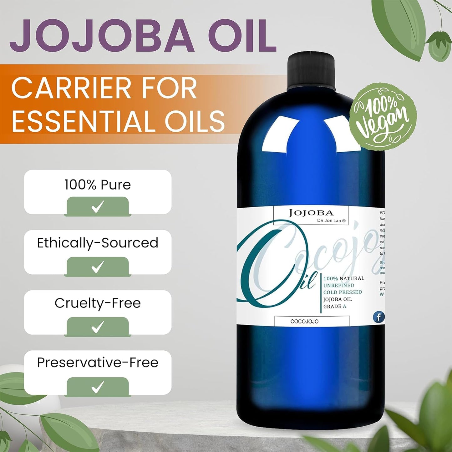 Cocojojo Jojoba Oil Organic, Jojoba Oil for Hair Growth for Skin, Face, 100% Pure Natural, Cold Pressed, Deep Moisturizing Anti-Aging, Essential Oils - 8 Fl Oz