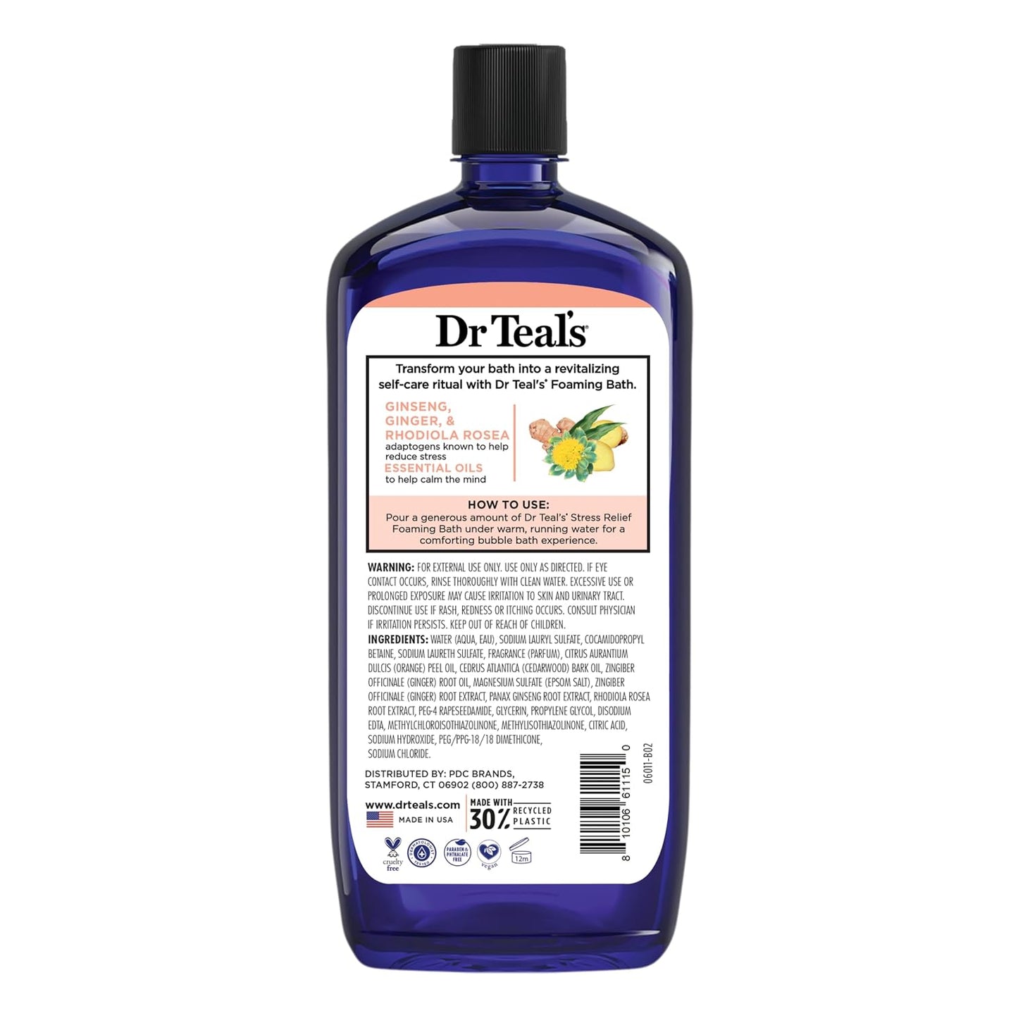 Dr Teal's Foaming Bath with Pure Epsom Salt, Stress Relief with Ginseng & Ginger, 34 fl oz (Pack of 4)