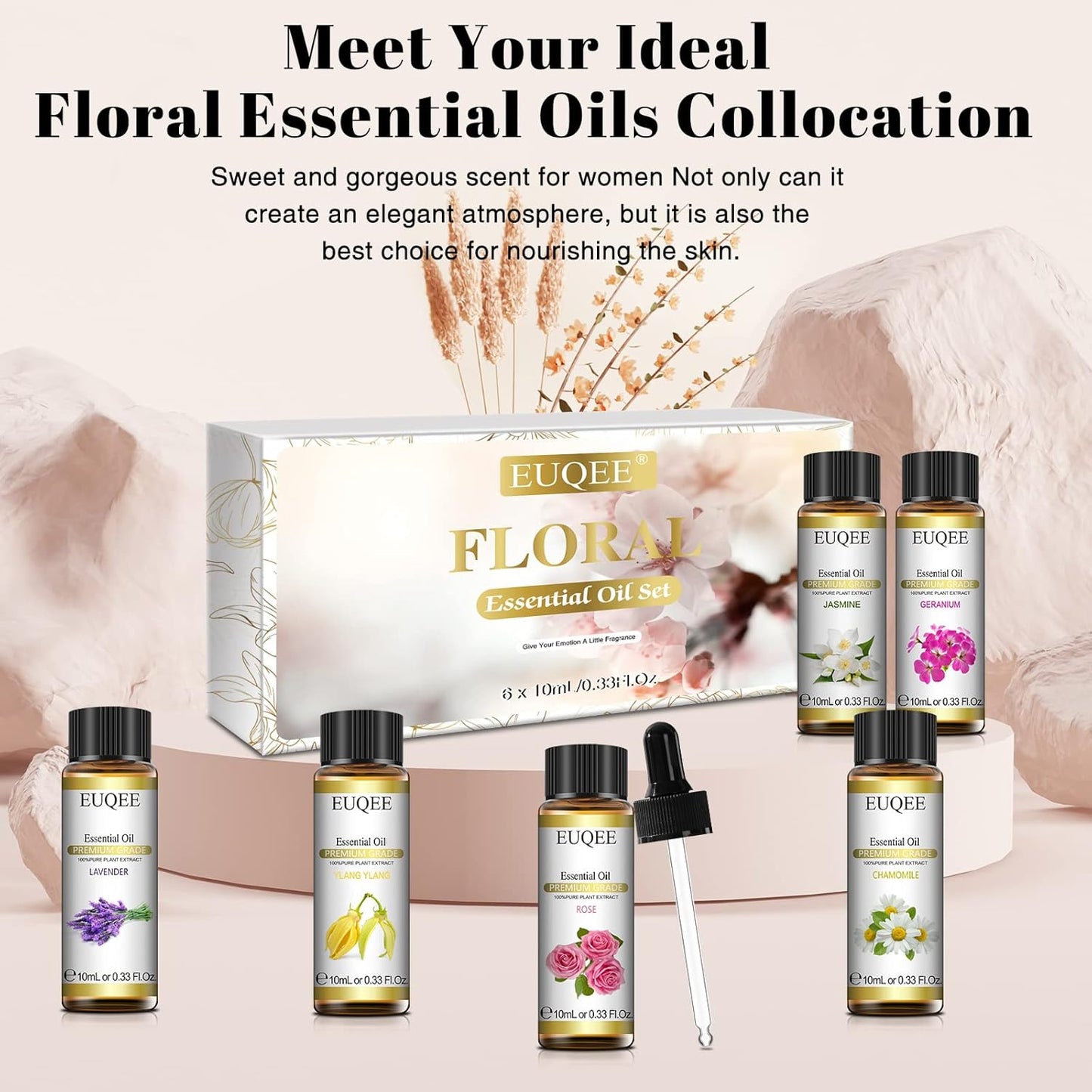 EUQEE 6 Pcs Pure Essential Oils Set, Premium Floral Scent Kit for Aromatherapy Diffuser, DIY Body Care, Home Fragrance, Massage– Lavender, Rose, Ylang Ylang, Jasmine, Geranium, Chamomile